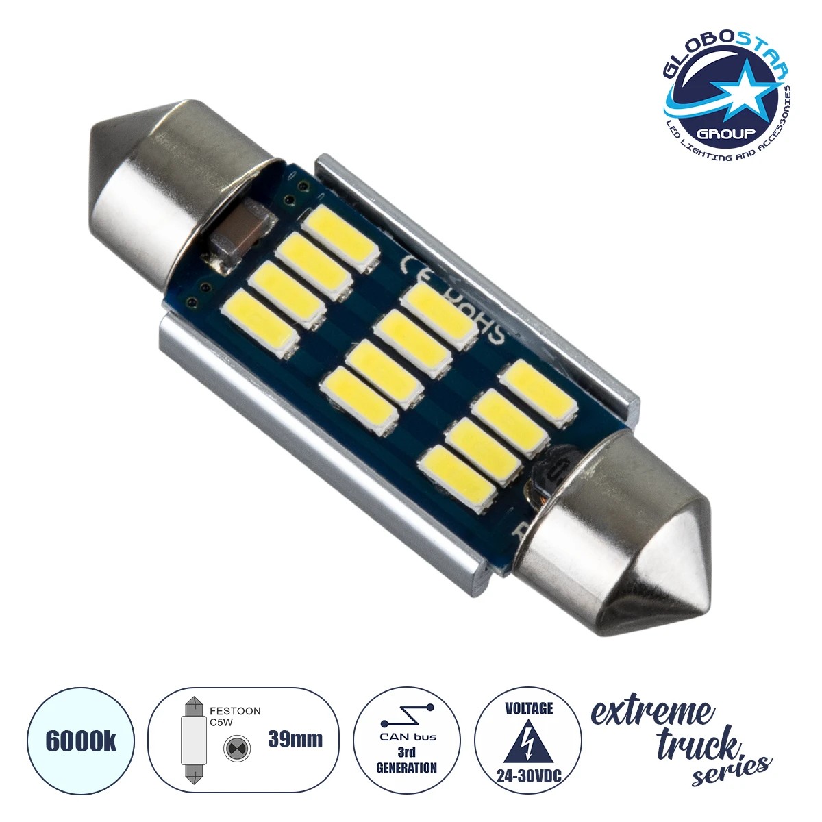 81330_01 GLOBOSTAR® C5W 81330 Σωληνωτή Λάμπα C5W 39mm CANbus LED 1.2W 180lm 120° DC 24-30V IP20 Ψυχρό Λευκό 6000K - 12 x Epistar SMD4014 - Μ3.9 x Π1.2 x Υ1.2cm - 1 Χρόνο Εγγύηση - Image 1