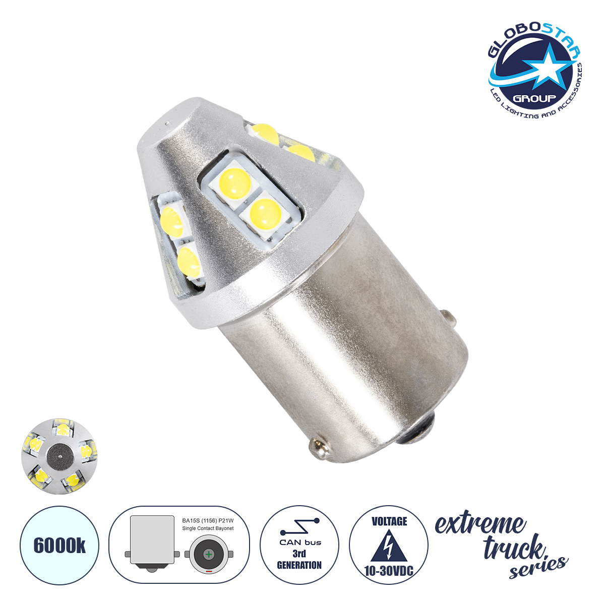 81457_1 GLOBOSTAR® P21W-1156 81457 Λάμπα P21W 1156 BA15S CANbus LED 5W 420lm 360° DC 10-30V IP20 Ψυχρό Λευκό 6000K - 12 x Epistar SMD3030 Chip - Μ1.8 x Π1.8 x Υ5cm - 1 Χρόνο Εγγύηση - Image 1