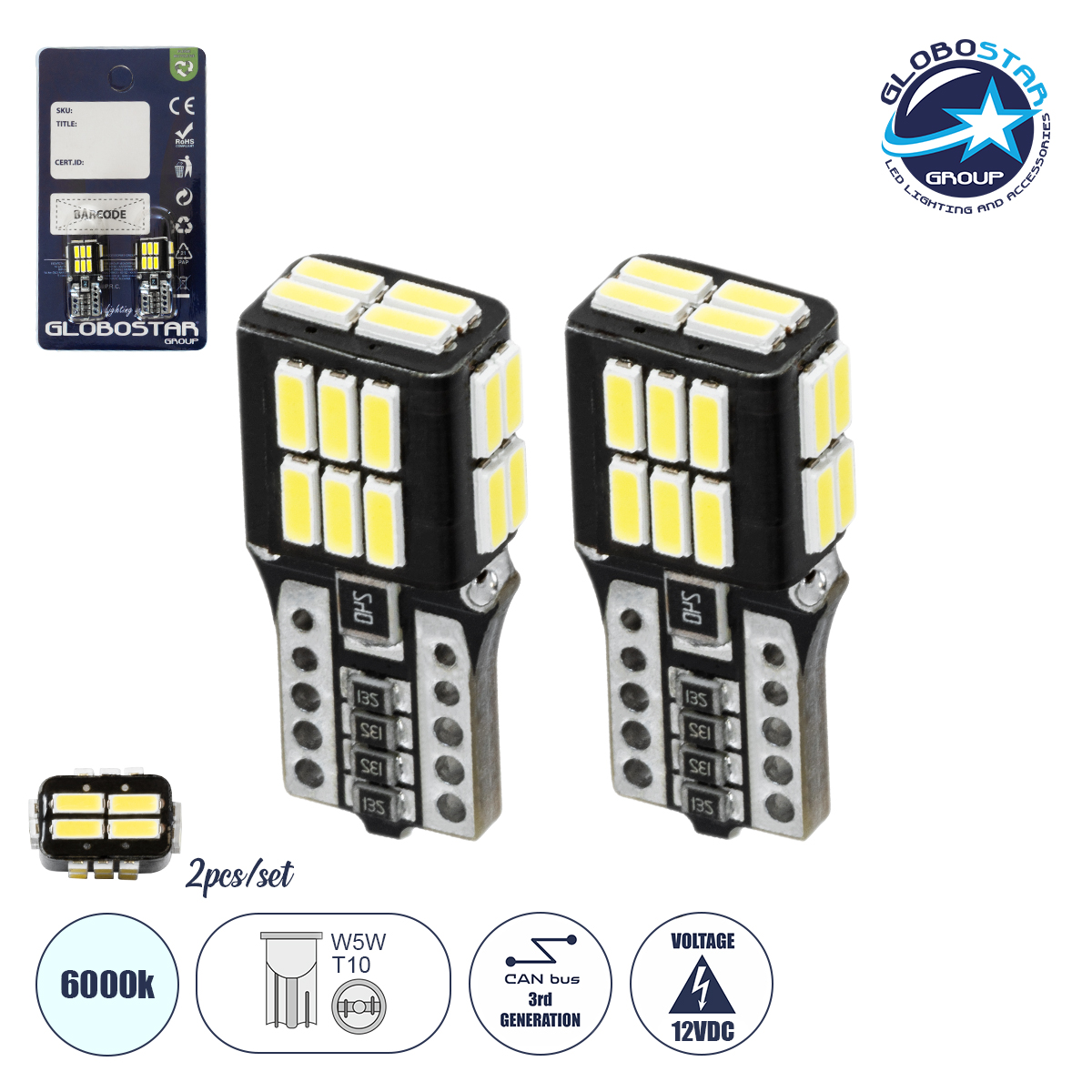 81475_1 GLOBOSTAR® W5W-T10 81475-B Λάμπα W5W T10 CANbus LED 2.4W/4.8W 228lm/456lm 360° DC 12V IP20 Ψυχρό Λευκό 6000K - 24 x Epistar SMD4014 Chip - Μ1.1 x Π1.1 x Υ2.5cm - Πακέτο Blister 2 Τεμαχίων - 1 Χρόνο Εγγύηση - Image 1