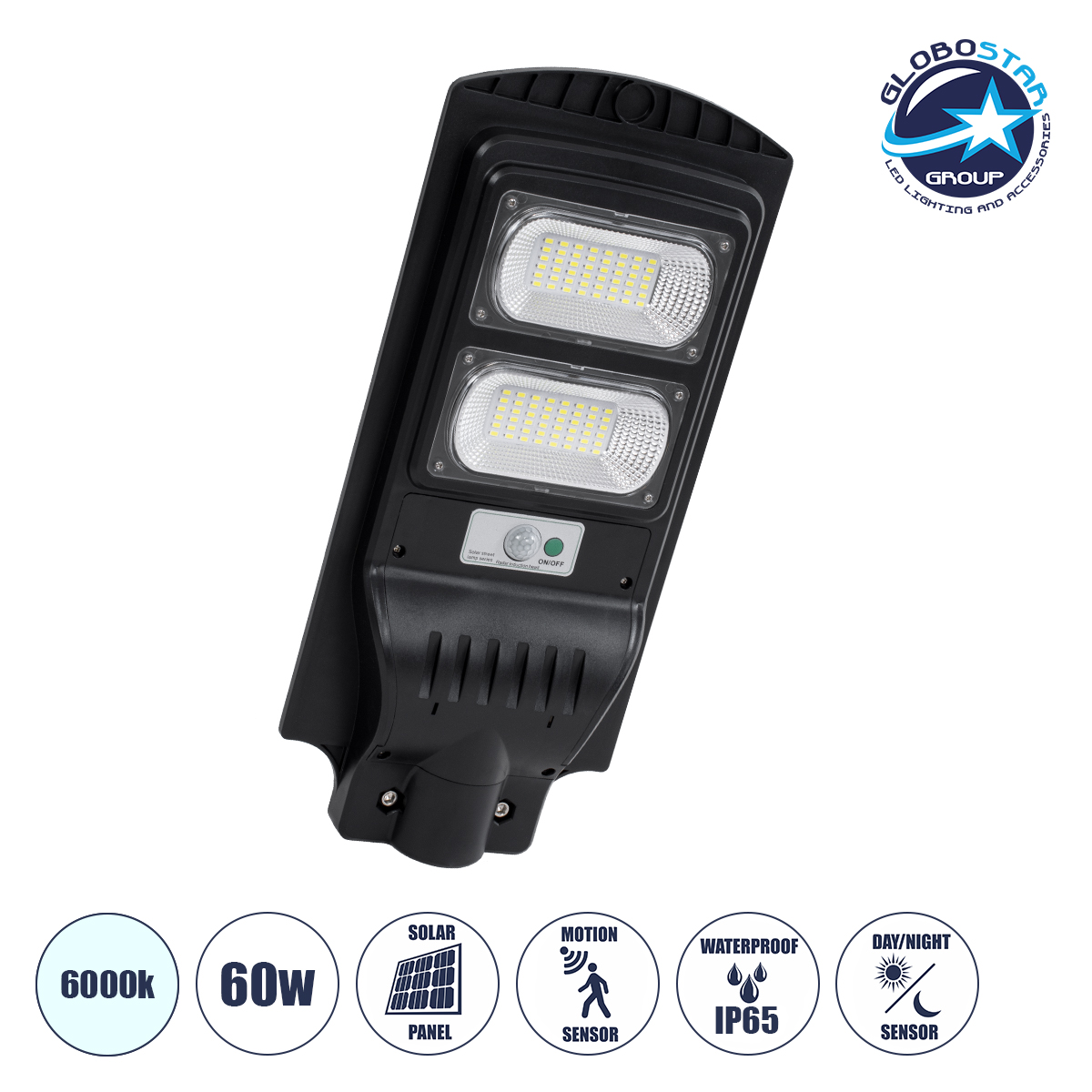 85342_01 GLOBOSTAR® STREETB 85342 Φωτιστικό Δρόμου LED 60W 3000lm 120° DC 5V με Ενσωματωμένο Φωτοβολταϊκό Panel 6V 9W & Επαναφορτιζόμενη Μπαταρία Li-ion 3.2V 9000mAh με Αισθητήρα Κίνησης-Ημέρας-Νύχτας Αδιάβροχο IP65 Ψυχρό Λευκό 6000K - Μαύρο - Μ22 x Π50 x Υ6cm - 2 Χρόνια Εγγύηση - Image 1