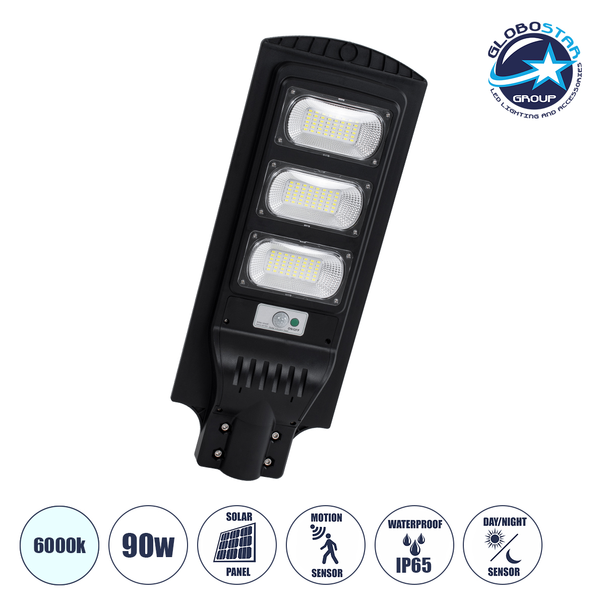 85343_01 GLOBOSTAR® STREETB 85343 Φωτιστικό Δρόμου LED 90W 4500lm 120° DC 5V με Ενσωματωμένο Φωτοβολταϊκό Panel 6V 12W & Επαναφορτιζόμενη Μπαταρία Li-ion 3.2V 12000mAh με Αισθητήρα Κίνησης-Ημέρας-Νύχτας Αδιάβροχο IP65 Ψυχρό Λευκό 6000K - Μαύρο - Μ24 x Π63 x Υ6cm - 2 Χρόνια Εγγύηση - Image 1