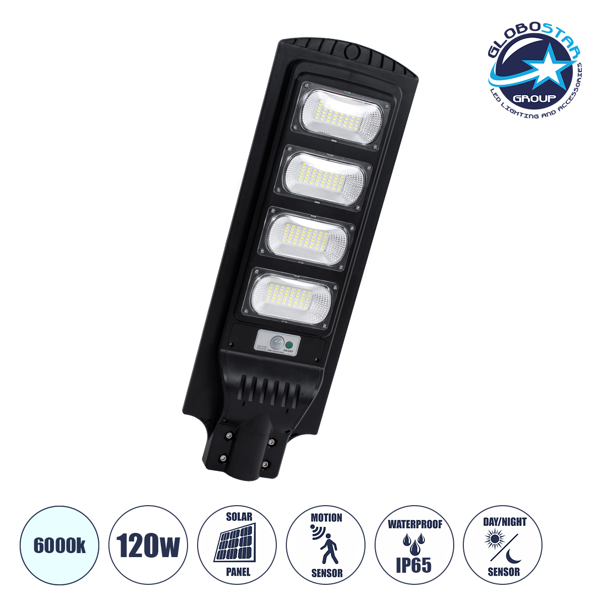 85344_01 GloboStar® STREETA 85344 Professional LED Solar Street Light Αυτόνομο Ηλιακό Φωτιστικό Δρόμου 120W 6000lm 192 x LED SMD 5730 με Ενσωματωμένο Φωτοβολταϊκό Panel 6V 15W & Επαναφορτιζόμενη Μπαταρία Li-ion 3.2V 15000mAh με Αισθητήρα Ημέρας-Νύχτας & PIR Αισθητήρα Κίνησης - Αδιάβροχο IP65 - Ψυχρό Λευκό 6000K - Μ24 x Π6 x Υ73cm - 2 Years Warranty - Image 1