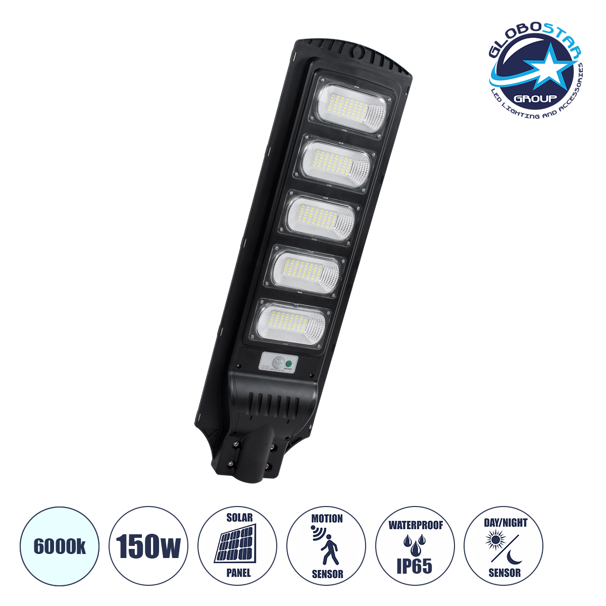 85345_01 GloboStar® STREETA 85345 Professional LED Solar Street Light Αυτόνομο Ηλιακό Φωτιστικό Δρόμου 150W 7500lm 240 x LED SMD 5730 με Ενσωματωμένο Φωτοβολταϊκό Panel 6V 18W & Επαναφορτιζόμενη Μπαταρία Li-ion 3.2V 20000mAh με Αισθητήρα Ημέρας-Νύχτας & PIR Αισθητήρα Κίνησης - Αδιάβροχο IP65 - Ψυχρό Λευκό 6000K - Μ25 x Π6 x Υ83cm - 2 Years Warranty - Image 1