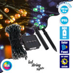 85809 Διακοσμητική Γιρλάντα 10 Μέτρων με Controller 8 Προγραμμάτων Φωτισμού - 100 LED 4W με Ενσωματωμένη Μπαταρία 600mAh - Φωτοβολταϊκό Πάνελ - Αισθητήρα Ημέρας-Νύχτας - Βάση Κήπου & Σκούρο Πράσινο Καλώδιο Αδιάβροχη IP65 Πολύχρωμη RGB Μ10m