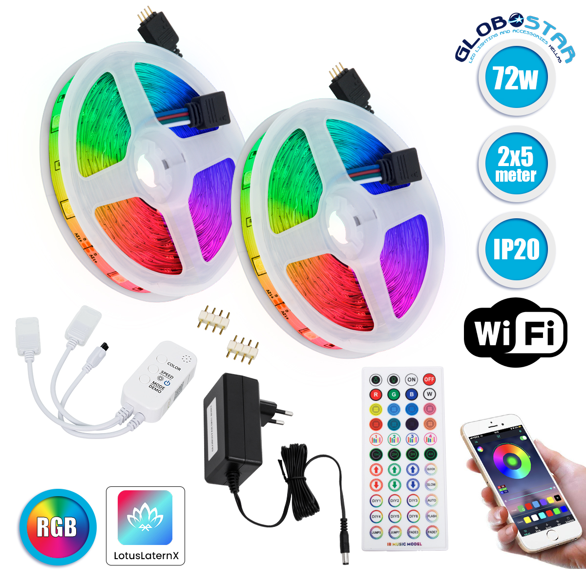 85813_01 GLOBOSTAR® CHROMAWAVE 85813 Σετ Ταινίας με Τροφοδοτικό με IR Ασύρματο Χειριστήριο & Λειτουργία μέσω WiFi APP LED 72W 4320lm 120° AC 220-240V IP20 600 x SMD5050 Chip Πολύχρωμο RGB Dimmable - Sanan SMD Chip - Μ1000 x Π1 x Υ0.3cm - Δύο Ρολά 5 Μέτρων - 2 Χρόνια Εγγύηση - Image 1