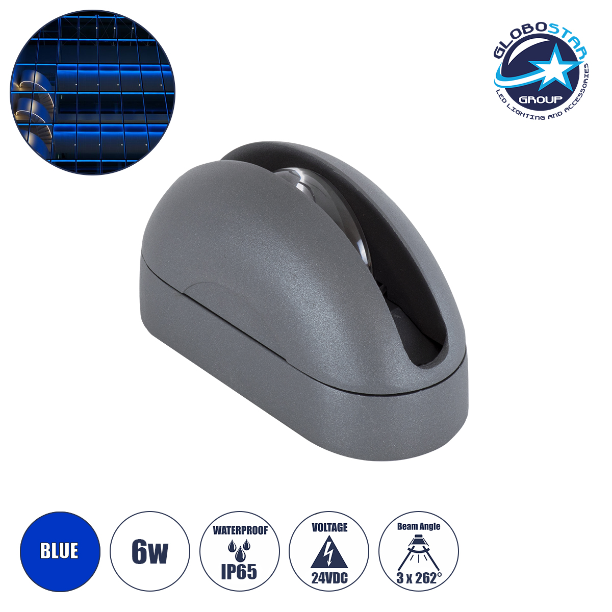 90111_1 GLOBOSTAR® WINDOWCURBA 90111 Φωτιστικό Ανάδειξης Παραθύρων LED 6W 480lm 3°x262° DC 24V Αδιάβροχο IP65 Μπλε Dimmable - CREE XPE Chip - Γκρι Ανθρακί - Μ12 x Π5.3 x Υ6.5cm - 3 Χρόνια Εγγύηση - Image 1
