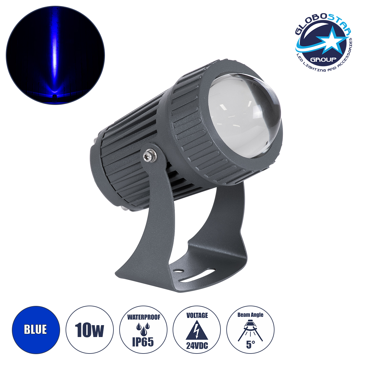90136_1 GLOBOSTAR® SPOTFENIA 90136 Αρχιτεκτονικό Σποτ Φωτισμου LED 10W 850lm 5° DC 24V Αδιάβροχο IP65 Μπλε Dimmable - Bridgelux COB Chip - Γκρι Ανθρακί - Μ7 x Π7 x Υ12cm - 3 Χρόνια Εγγύηση - Image 1