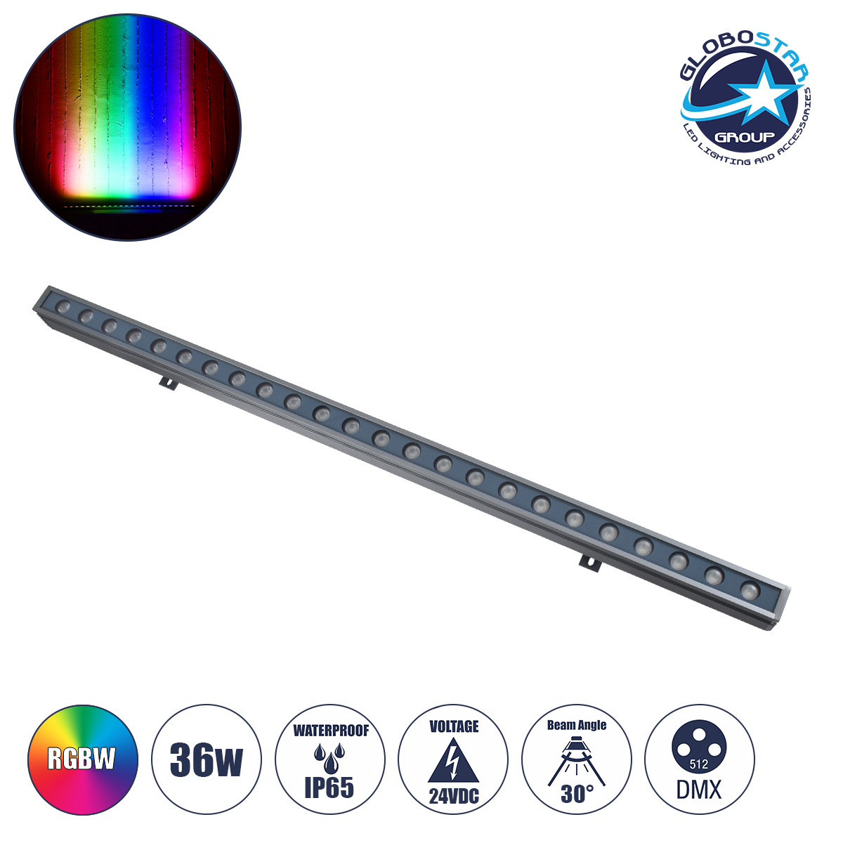 90185_1 GLOBOSTAR® WASHERFAIA 90185 Μπάρα Φωτισμού Wall Washer LED 36W 3060lm 30° DC 24V Αδιάβροχο IP65 Πολύχρωμο RGBW Dimmable DMX512 - Bridgelux SMD Chip - Γκρι Ανθρακί - Μ100 x Π4 x Υ5cm - 3 Χρόνια Εγγύηση - Image 1