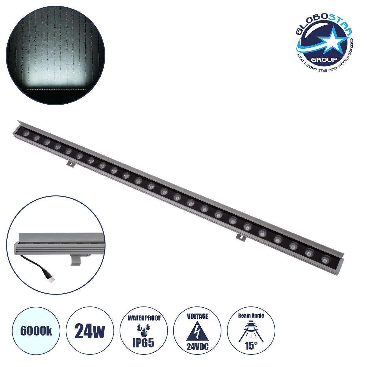 90188_1 GLOBOSTAR® WASHERFAIA 90188 Μπάρα Φωτισμού Wall Washer με Αντιθαμβωτική Γρίλια LED 24W 2880lm 15° DC 24V Αδιάβροχο IP65 Ψυχρό Λευκό 6000K Dimmable - Bridgelux SMD Chip - Ασημί - Μ100 x Π4 x Υ5.5cm - 3 Χρόνια Εγγύηση - Image 1