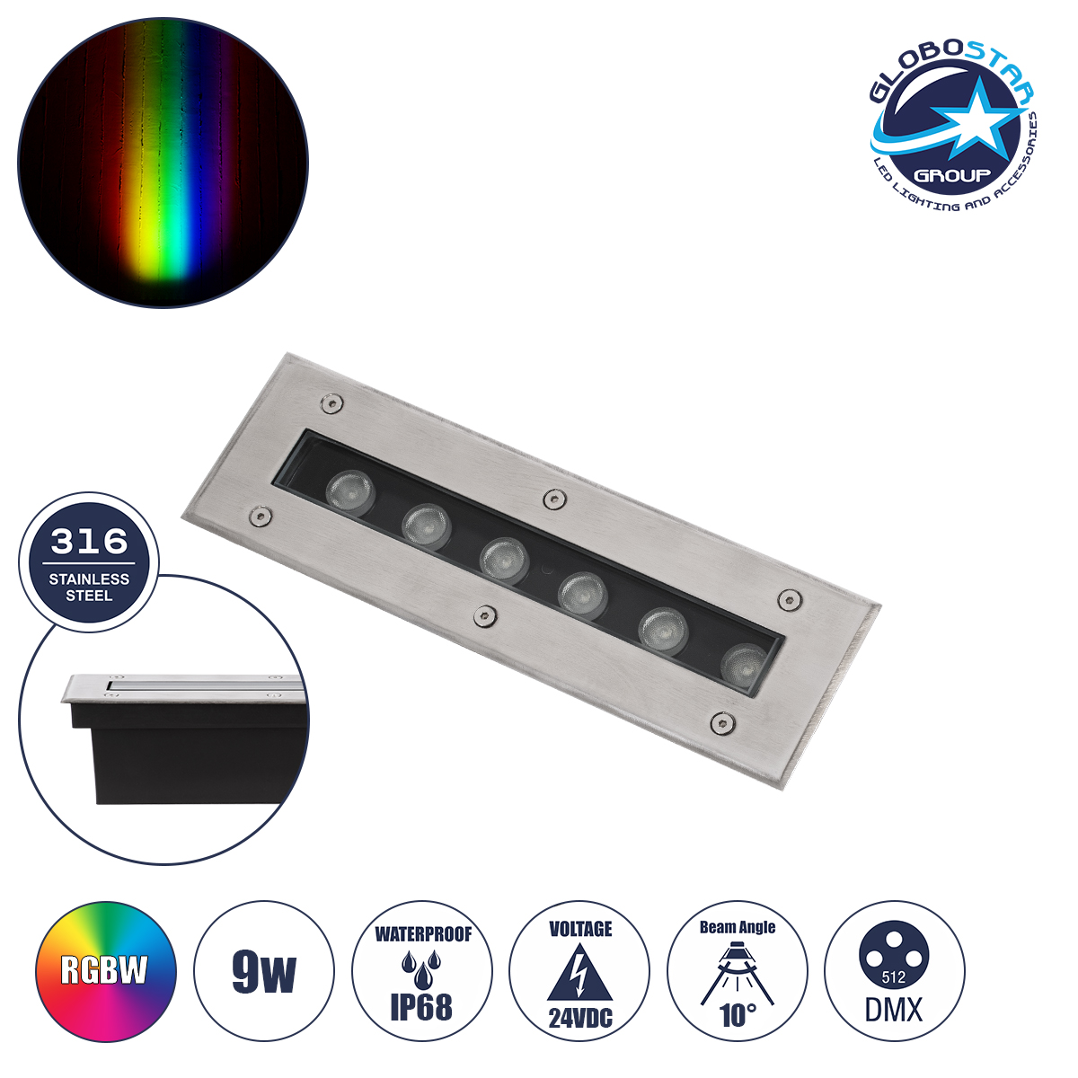 90191_1 GLOBOSTAR® UNDERGROUNDREMVI 90191 Χωνευτή Μπάρα Φωτισμού Wall Washer LED 9W 765lm 10° DC 24V Αδιάβροχο IP68 Πολύχρωμο RGBW Dimmable DMX512 - Bridgelux SMD Chip - Ανοξείδωτο Ατσάλι SS316 - Μ30 x Π9 x Υ8.5cm / Q28.5 x 7.5cm - 3 Χρόνια Εγγύηση - Image 1
