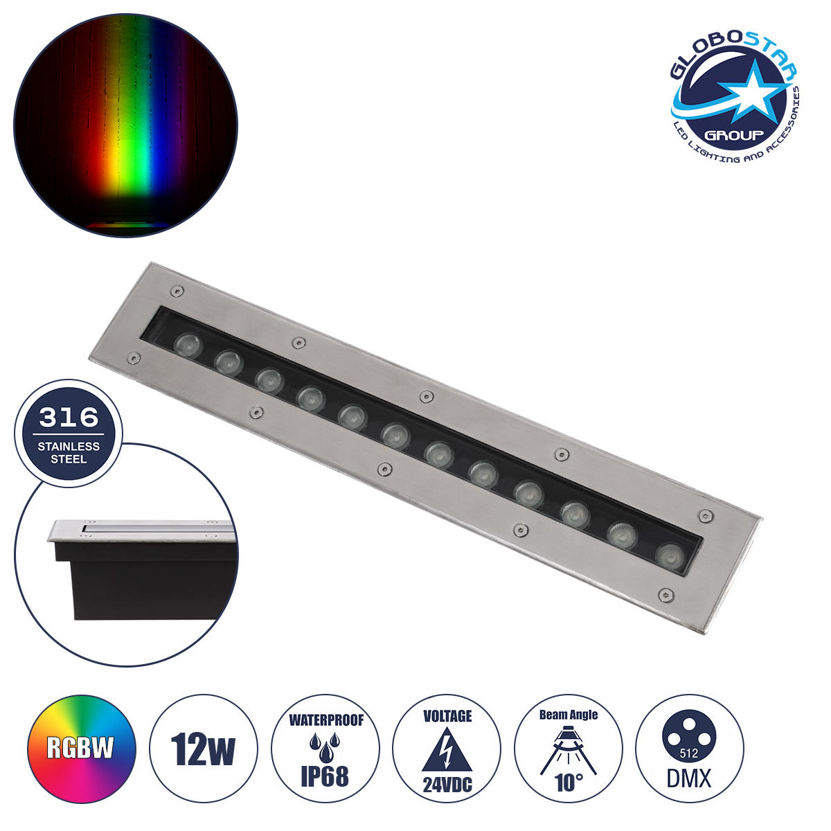 90193_1 GLOBOSTAR® UNDERGROUNDREMVI 90193 Χωνευτή Μπάρα Φωτισμού Wall Washer LED 12W 1020lm 10° DC 24V Αδιάβροχο IP68 Πολύχρωμο RGBW Dimmable DMX512 - Bridgelux SMD Chip - Ανοξείδωτο Ατσάλι SS316 - Μ50 x Π9 x Υ7.2cm / Q48.5 x 7.5cm - 3 Χρόνια Εγγύηση - Image 1
