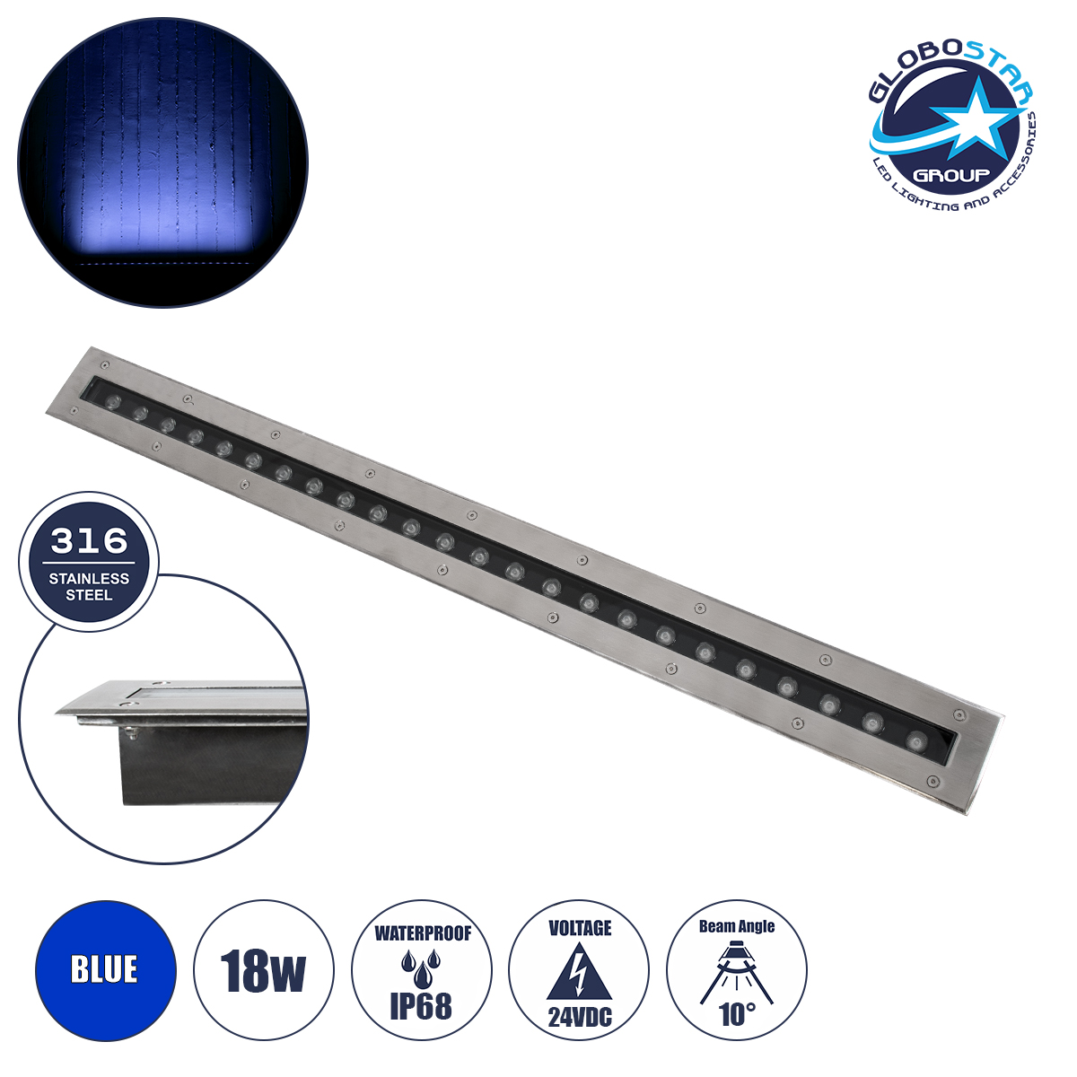 90194_b_1 GloboStar® UNDERGROUND-REMVI 90194-B Χωνευτό Φωτιστικό Wall Washer Δαπέδου LED 18W 1440lm 10° DC 24V Αδιάβροχο IP68 L100 x W9 x H7.2cm Μπλε - Ανοξείδωτο Ατσάλι - 3 Years Warranty - Image 1