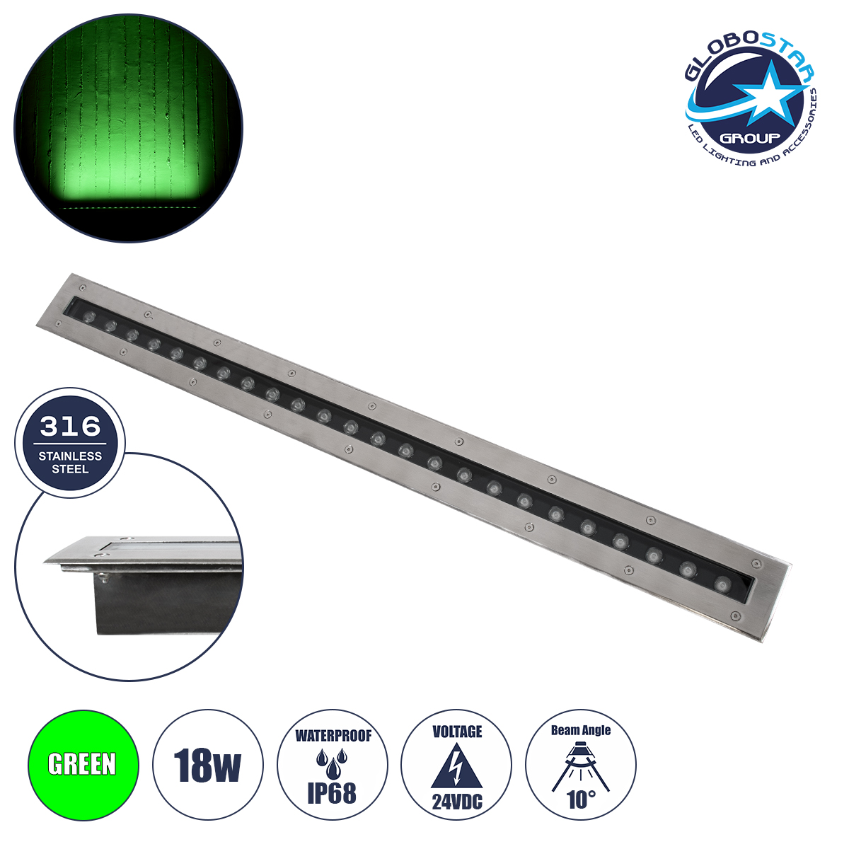 90194_g_1 GloboStar® UNDERGROUND-REMVI 90194-G Χωνευτό Φωτιστικό Wall Washer Δαπέδου LED 18W 1440lm 10° DC 24V Αδιάβροχο IP68 L100 x W9 x H7.2cm Πράσινο - Ανοξείδωτο Ατσάλι - 3 Years Warranty - Image 1