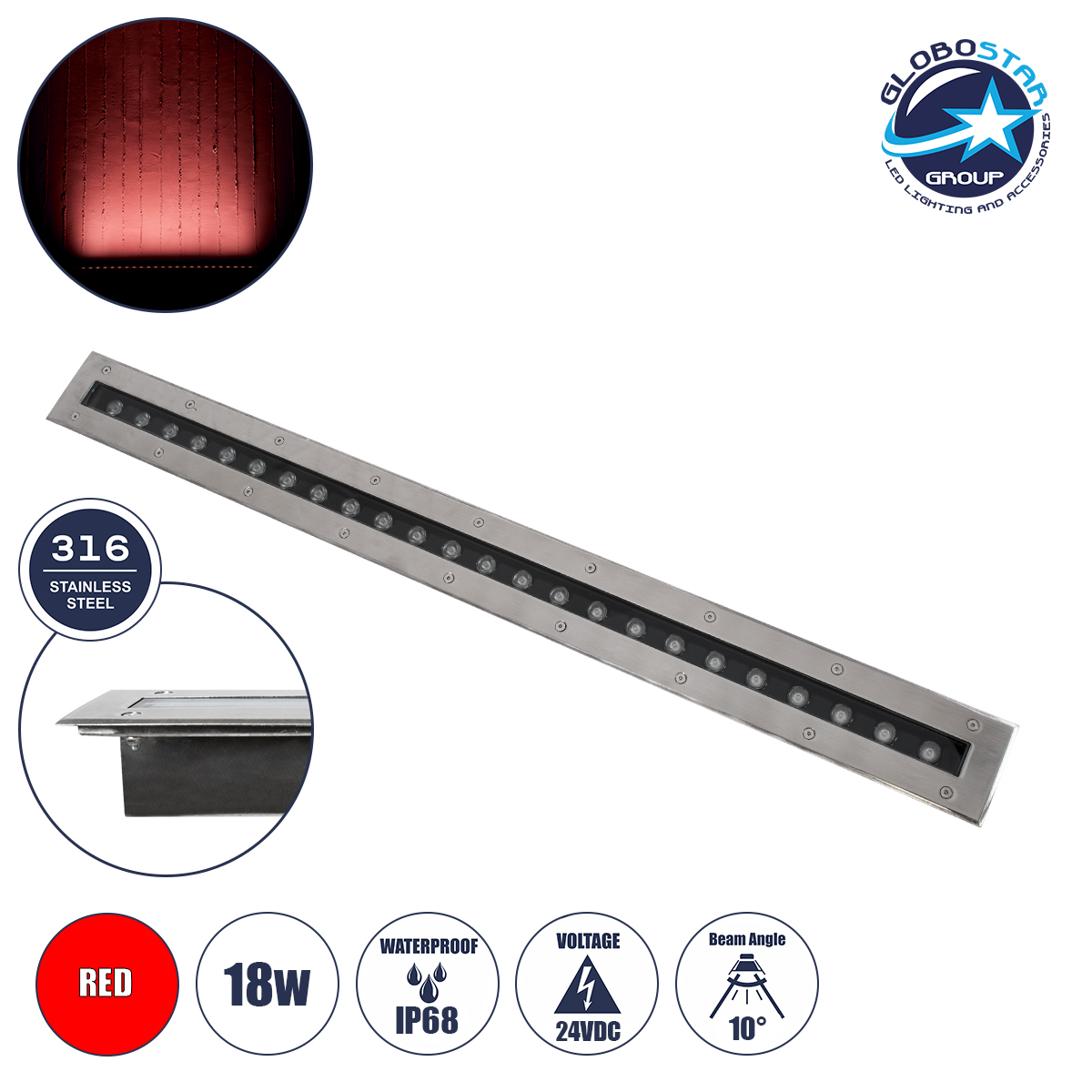 90194_r_1 GloboStar® UNDERGROUND-REMVI 90194-R Χωνευτό Φωτιστικό Wall Washer Δαπέδου LED 18W 1440lm 10° DC 24V Αδιάβροχο IP68 L100 x W9 x H7.2cm Κόκκινο - Ανοξείδωτο Ατσάλι - 3 Years Warranty - Image 1