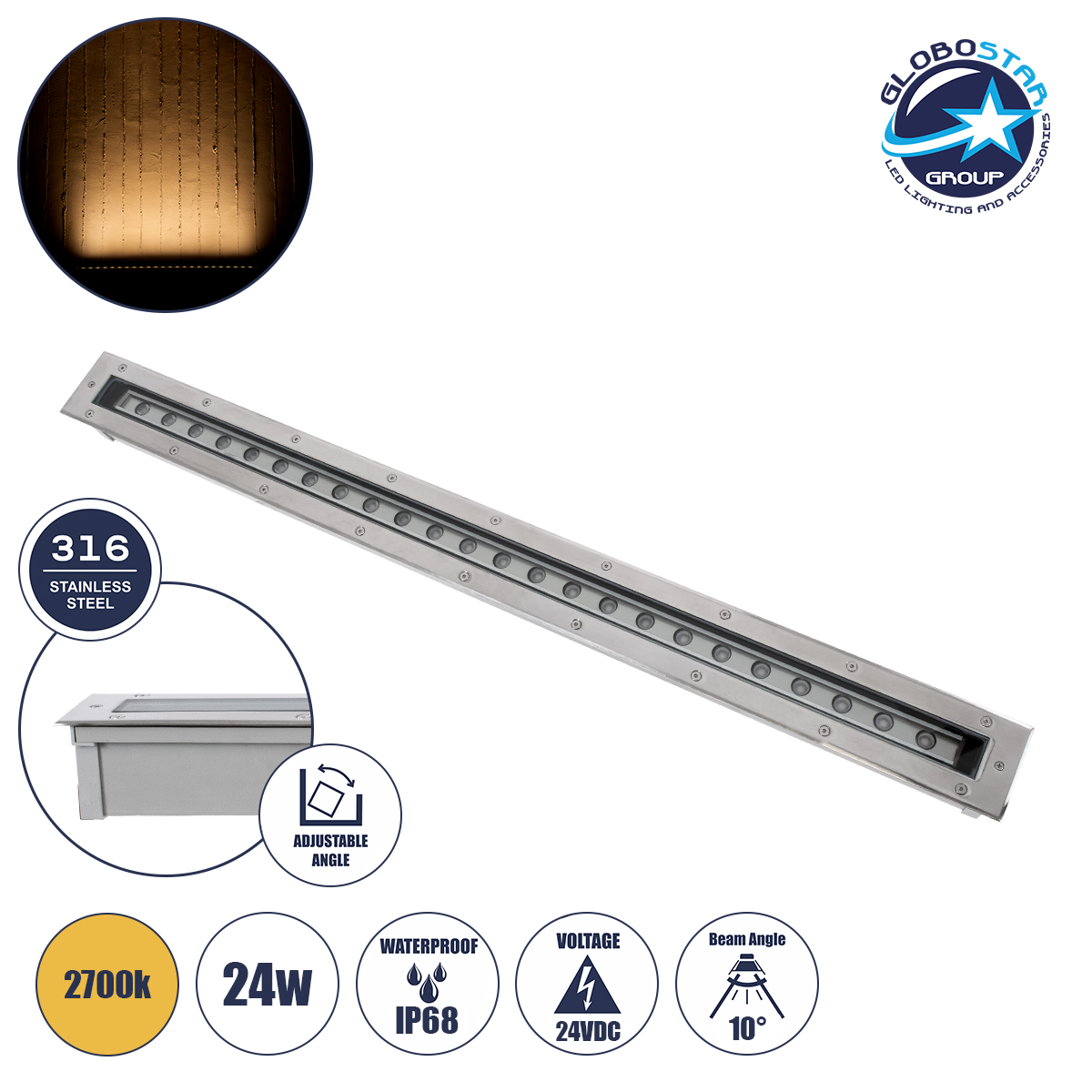 90196_1 GloboStar® UNDERGROUND-PASSAGGIO 90196 Χωνευτό Φωτιστικό Wall Washer Δαπέδου LED 24W 2160lm 10° DC 24V Αδιάβροχο IP68 με Ρυθμιζόμενη Γωνία Φωτισμού L108 x W9 x H7.5cm Θερμό Λευκό 2700K - Ανοξείδωτο Ατσάλι - 3 Years Warranty - Image 1