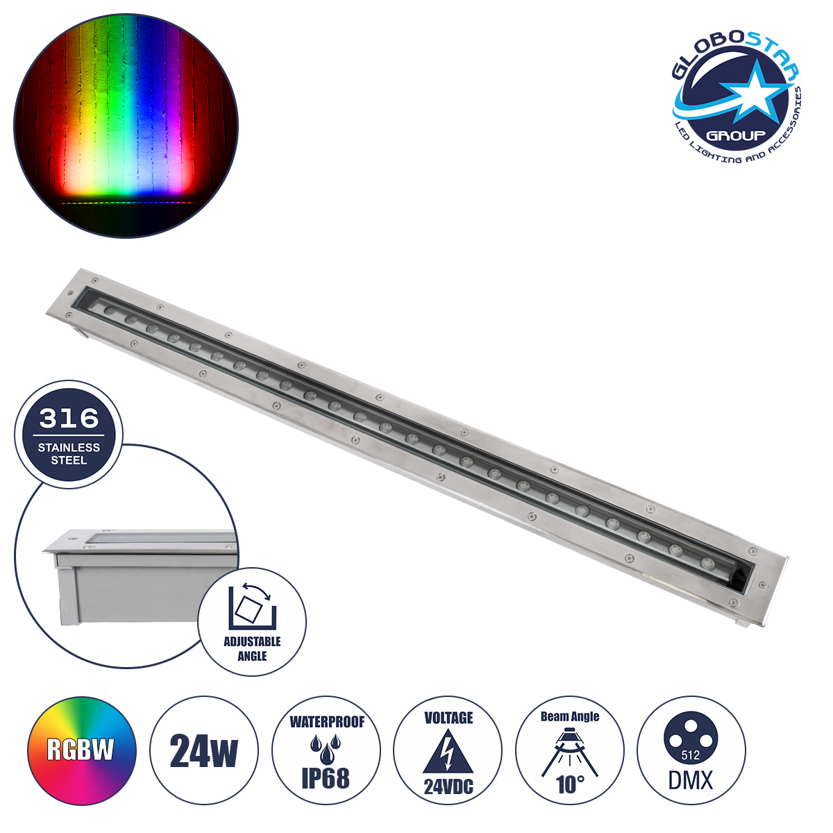 90197_01 GloboStar® UNDERGROUND-PASSAGGIO 90197 Χωνευτό Φωτιστικό Wall Washer Δαπέδου LED 24W 2040lm 10° DC 24V Αδιάβροχο IP68 με Ρυθμιζόμενη Γωνία Φωτισμού L108 x W9 x H7.5cm RGBW DMX512 - Ανοξείδωτο Ατσάλι - 3 Years Warranty - Image 1