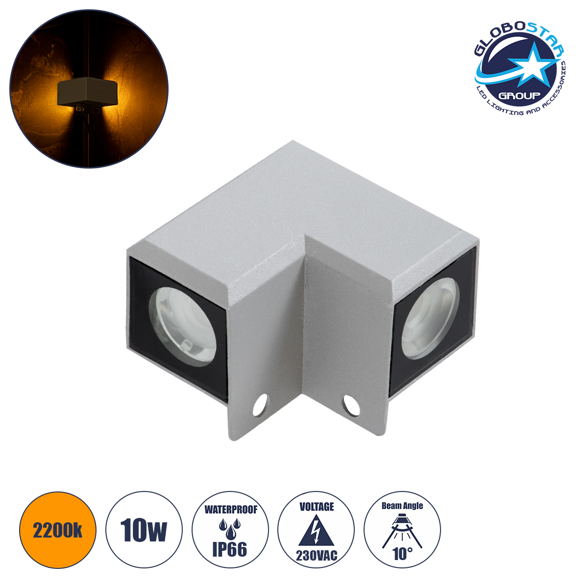 90258_1 GloboStar® WALLLIGHT-DONA 90258 Φωτιστικό Γωνίας Τοίχου - Απλίκα LED 10W 850lm 10° AC 220-240V Αδιάβροχο IP66 Μ8.2 x Π8.2 x Υ6cm Αρχιτεκτονικό Πορτοκαλί 2200K - Γκρι - 3 Years Warranty - Image 1