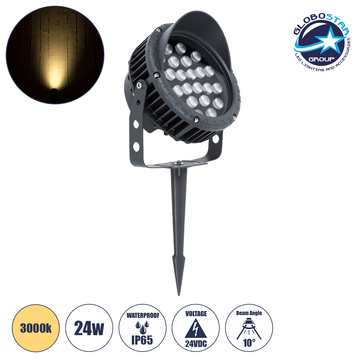 90360_1 GLOBOSTAR® TREEVINA 90360 Φωτιστικό Σποτ με Αντιθαμβωτική Γρίλια για Φυτά - Δέντρα με Βάση Κήπου / Καρφωτό LED 24W 2640lm 10° DC 24V Αδιάβροχο IP65 Θερμό Λευκό 2700K Dimmable - Bridgelux SMD Chip - Γκρι Ανθρακί - Μ21.5 x Π18.3 x Υ14cm - 3 Χρόνια Εγγύηση - Image 1