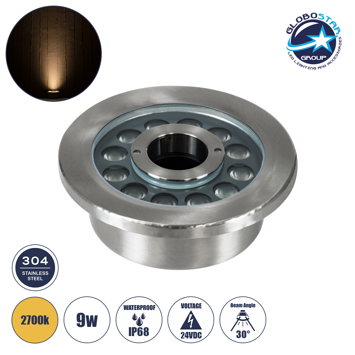 90435_1 GloboStar® UNDERWATER-DENIS 90435 Υποβρύχιο Χωνευτό Φωτιστικό Σποτ Ειδικό για Σιντριβάνια - Πισίνες - Τζακούζι LED 9W 810lm 30° DC 24V Αδιάβροχο IP68 Φ16.7 x Υ7.5cm Θερμό Λευκό 2700K - Ανοξείδωτο Ατσάλι SS304 - 3 Years Warranty - Image 1
