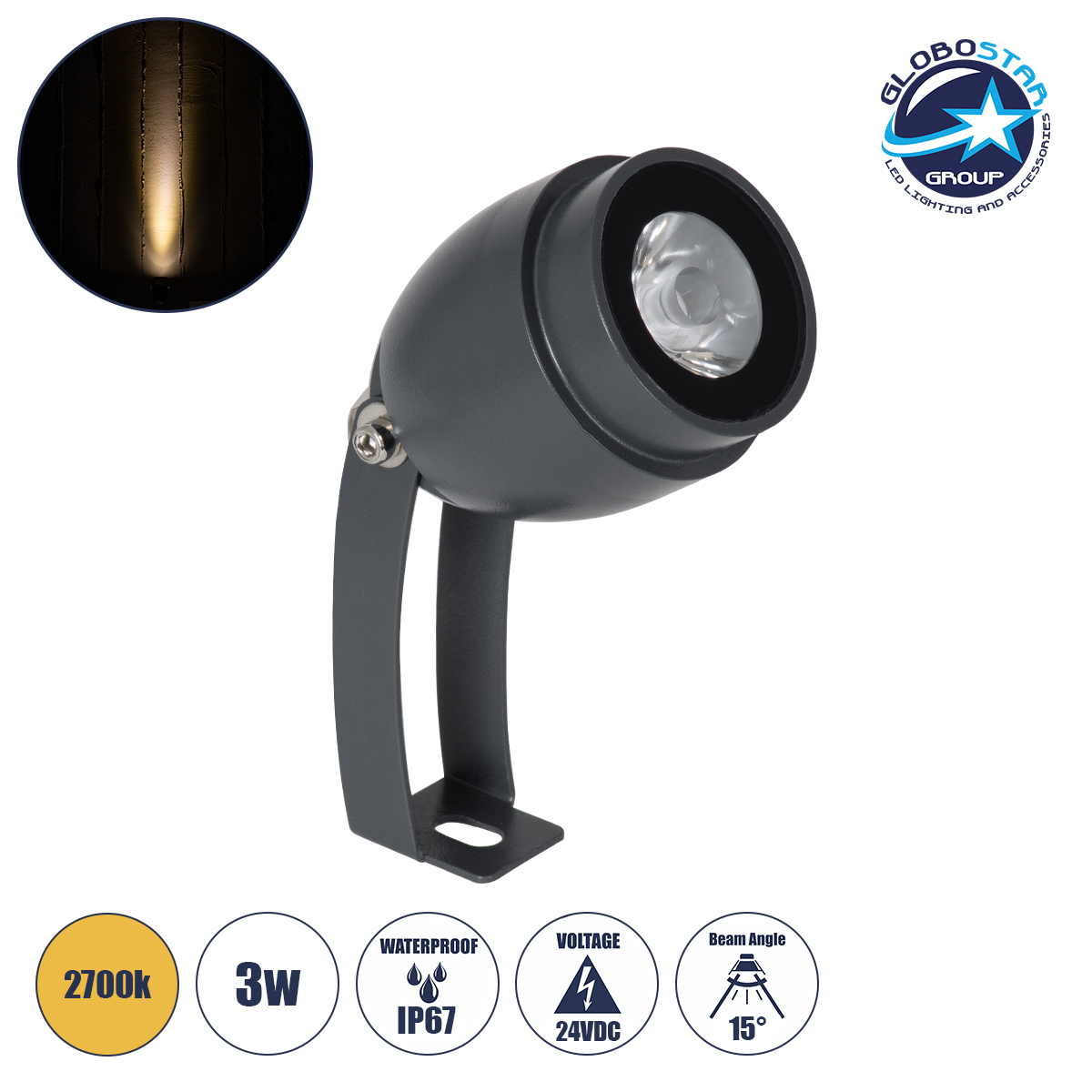 90461_1 GLOBOSTAR® TREEGAL 90461 Φωτιστικό Σποτ για Φυτά - Δέντρα με Βάση Μπετού & Κορμού LED 3W 330lm 15° DC 24V Αδιάβροχο IP67 Θερμό Λευκό 2700K Dimmable - Bridgelux SMD Chip - Γκρι Ανθρακί - Μ5 x Π5 x Υ14.7cm - 3 Χρόνια Εγγύηση - Image 1