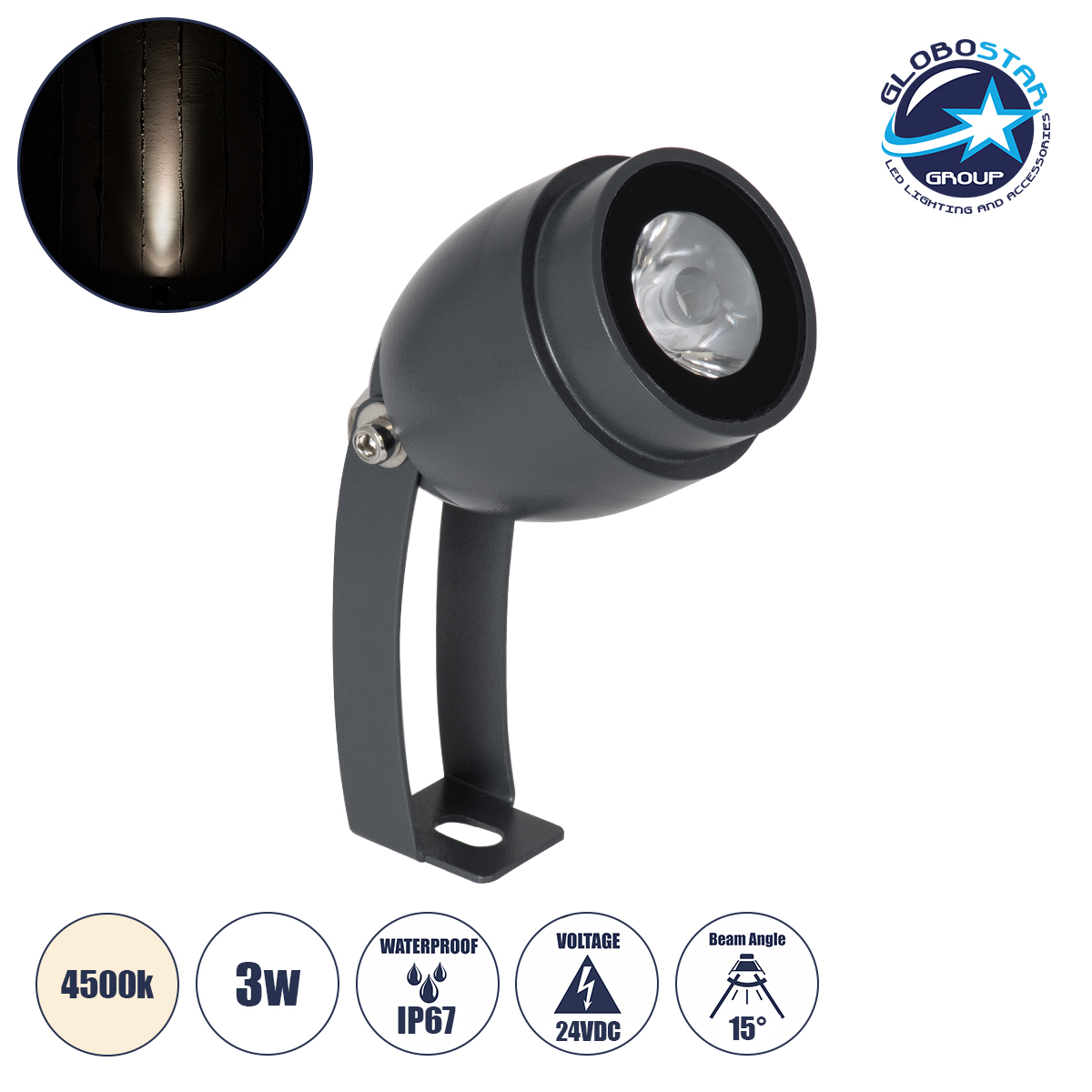 90462_1 GLOBOSTAR® TREEGAL 90462 Φωτιστικό Σποτ για Φυτά - Δέντρα με Βάση Μπετού & Κορμού LED 3W 345lm 15° DC 24V Αδιάβροχο IP67 Φυσικό Λευκό 4500K Dimmable - Bridgelux SMD Chip - Γκρι Ανθρακί - Μ5 x Π5 x Υ14.7cm - 3 Χρόνια Εγγύηση - Image 1