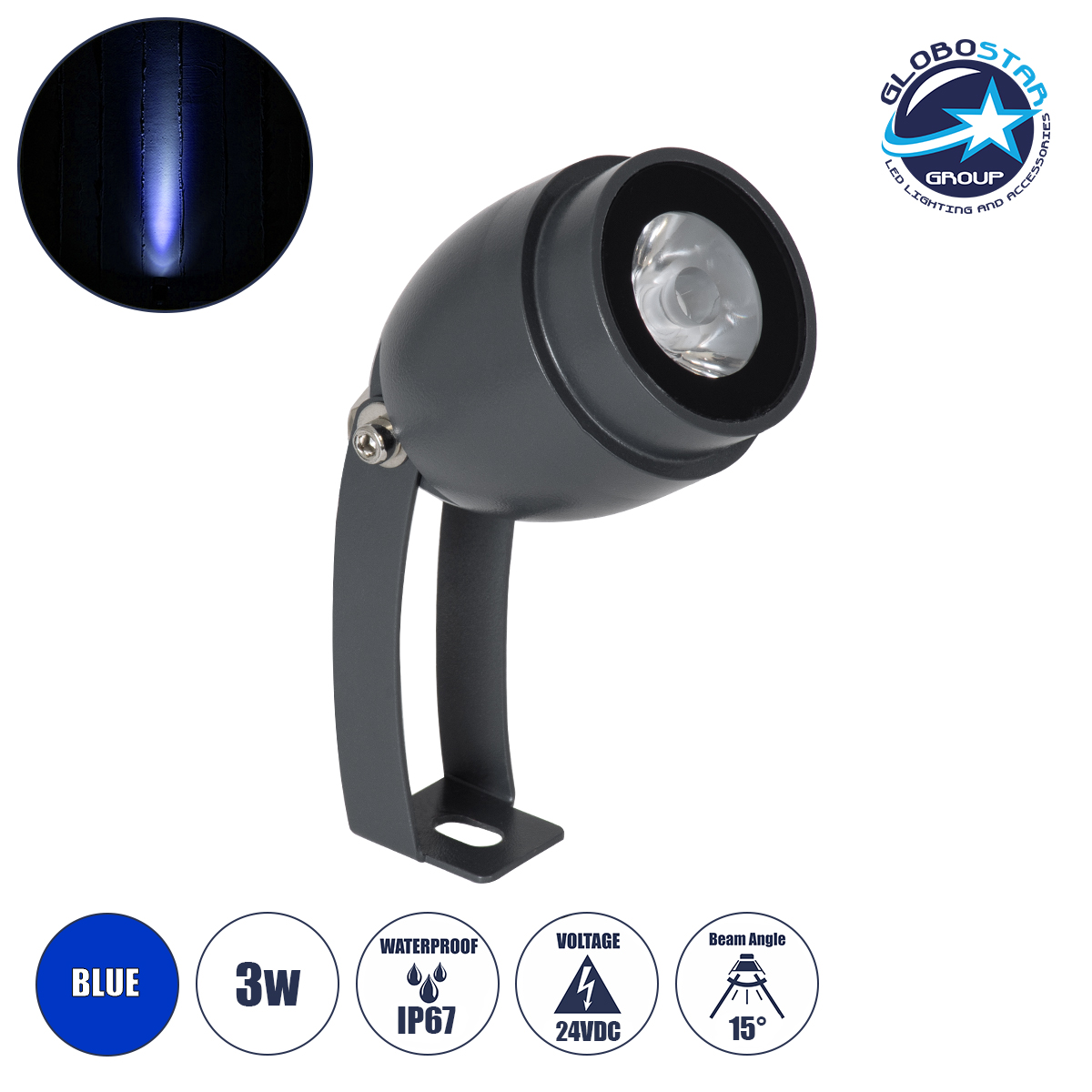 90463_1 GloboStar® TREELIGHT-TREEGAL 90463 Σποτ Φωτισμού Ειδικό για Φυτά - Δέντρα με Βάση Μπετού & Κορμού LED 3W 315lm 15° DC 24V Αδιάβροχο IP65 Φ5 x Υ14.7cm Μπλε - Γκρι Ανθρακί - 3 Years Warranty - Image 1