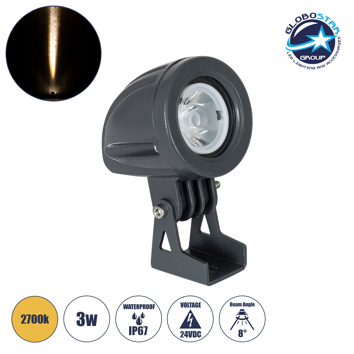 90474_1 GLOBOSTAR® TREEDITA 90474 Φωτιστικό Σποτ για Φυτά - Δέντρα LED 3W 330lm 8° DC 24V Αδιάβροχο IP67 Θερμό Λευκό 2700K Dimmable - Bridgelux SMD Chip - Γκρι Ανθρακί - Μ5.7 x Π6.5 x Υ9.8cm - 3 Χρόνια Εγγύηση - Image 1