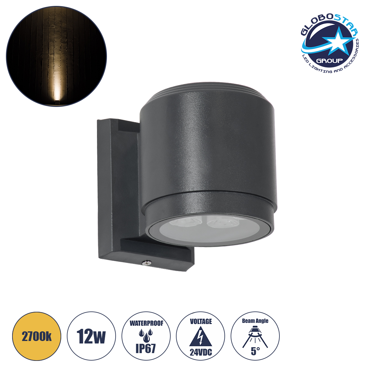 90481_1 GLOBOSTAR® WALLLIGHT-SONA 90481 Μοντέρνο Φωτιστικό Τοίχου - Απλίκα LED 12W 1080lm 5° DC 24V Αδιάβροχο IP67 Θερμό Λευκό 2700K - CREE COB Chip & TÜV SÜD Driver - Γκρι Ανθρακί Ματ - Μ9.5 x Π13 x Υ11cm - 3 Χρόνια Εγγύηση - Image 1