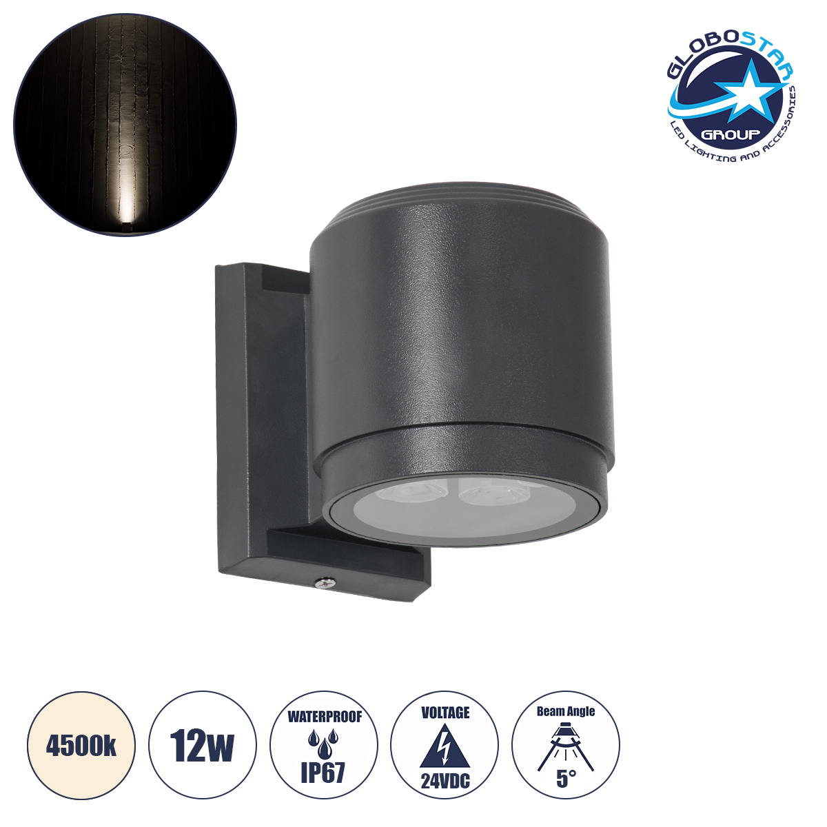 90482_1 GLOBOSTAR® WALLLIGHT-SONA 90482 Μοντέρνο Φωτιστικό Τοίχου - Απλίκα LED 12W 1140lm 5° DC 24V Αδιάβροχο IP67 Φυσικό Λευκό 4500K - CREE COB Chip & TÜV SÜD Driver - Γκρι Ανθρακί Ματ - Μ9.5 x Π13 x Υ11cm - 3 Χρόνια Εγγύηση - Image 1