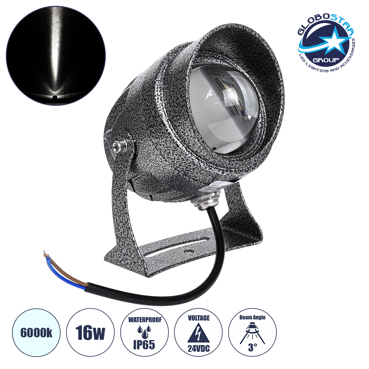 90509_1 GloboStar® SPOT-XENIA 90509 Σποτ Φωτισμου Wall Washer LED 16W 1600lm 3° DC 24V Αδιάβροχο IP65 Φ9 x Υ12cm Ψυχρό Λευκό 6000K Dimmable - Σφυρήλατο Γκρι - 3 Years Warranty - Image 1