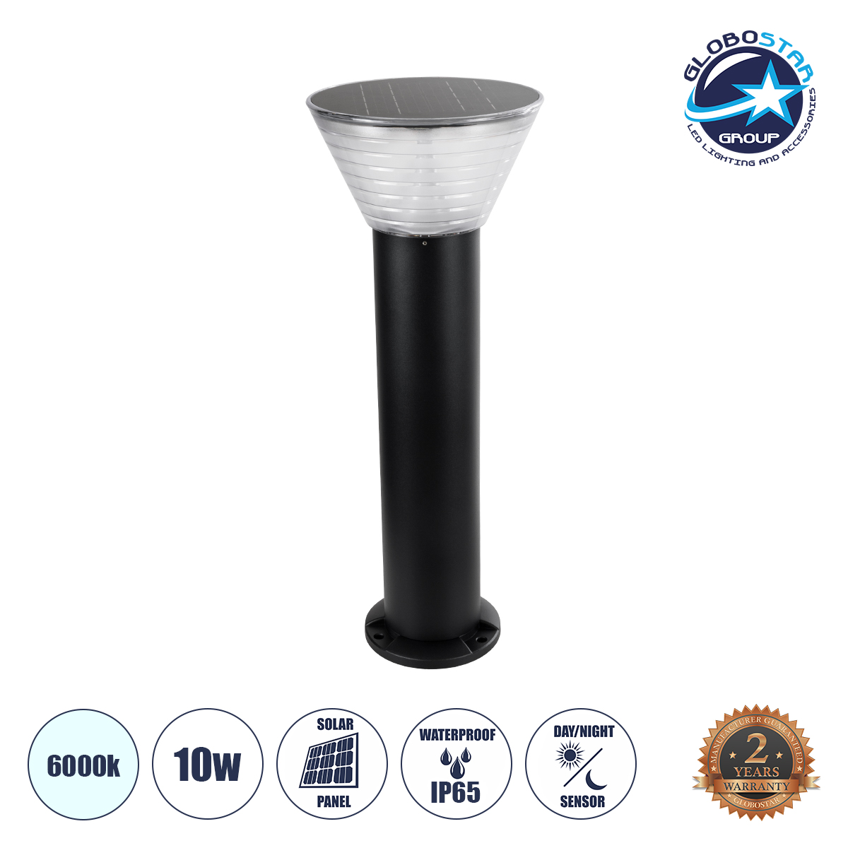 90525_01 GLOBOSTAR® VEGGIE 90525 Φωτιστικό Κολωνάκι Κήπου LED 10W 500lm 120° με Ενσωματωμένο Φωτοβολταϊκό Panel 6V 2W & Επαναφορτιζόμενη Μπαταρία Li-ion 3.2V 1800mAh με Αισθητήρα Ημέρας-Νύχτας Αδιάβροχο IP65 Ψυχρό Λευκό 6000K - Sanan SMD Chip - Μαύρο- Μ23 x Π23 x Υ60cm - 2 Χρόνια Εγγύηση - Image 1