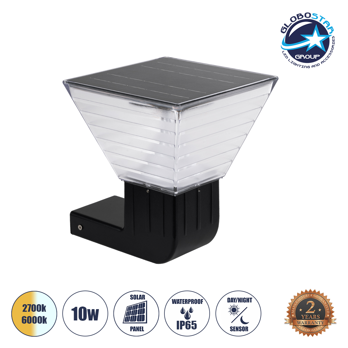 90529_1 GLOBOSTAR® GRACIOUS 90529 Μοντέρνο Φωτιστικό Τοίχου - Απλίκα LED 10W 500lm 120° με Ενσωματωμένο Φωτοβολταϊκό Panel 6V 2W & Επαναφορτιζόμενη Μπαταρία Li-ion 3.2V 1800mAh με Αισθητήρα Ημέρας-Νύχτας Αδιάβροχο IP65 Ρυθμιζόμενο Λευκό CCT με Διακόπτη στο Σώμα 2700K/4500K/6000K - Sanan SMD Chip - Γκρι Ανθρακί - Μ29 x Π24 x Υ24cm - 2 Χρόνια Εγγύηση - Image 1