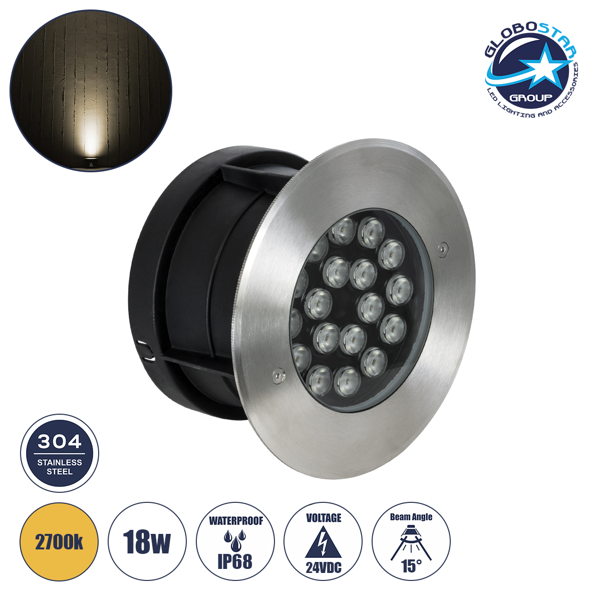 90571_1 GloboStar® UNDERGROUND-SINA 90571 Χωνευτό Φωτιστικό Σποτ Δαπέδου LED 18W 1620lm 15° DC 24V Αδιάβροχο IP68 Φ20 x Υ11cm Θερμό Λευκό 2700K - Ανοξείδωτο Ατσάλι - 3 Χρόνια Εγγύηση - Image 1