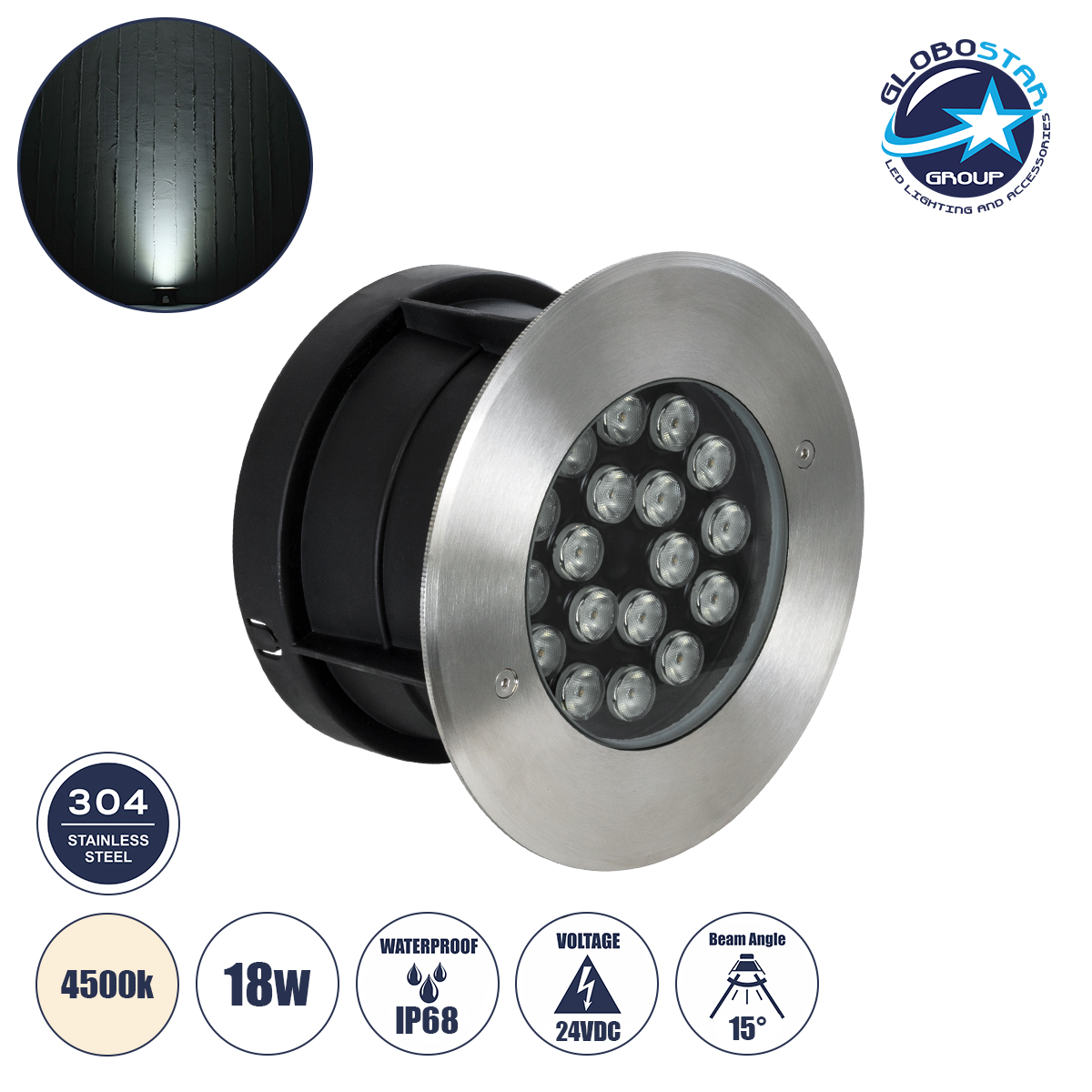 90572_1 GloboStar® UNDERGROUND-SINA 90572 Χωνευτό Φωτιστικό Σποτ Δαπέδου LED 18W 1710lm 15° DC 24V Αδιάβροχο IP68 Φ20 x Υ11cm Φυσικό Λευκό 4500K - Ανοξείδωτο Ατσάλι - 3 Χρόνια Εγγύηση - Image 1