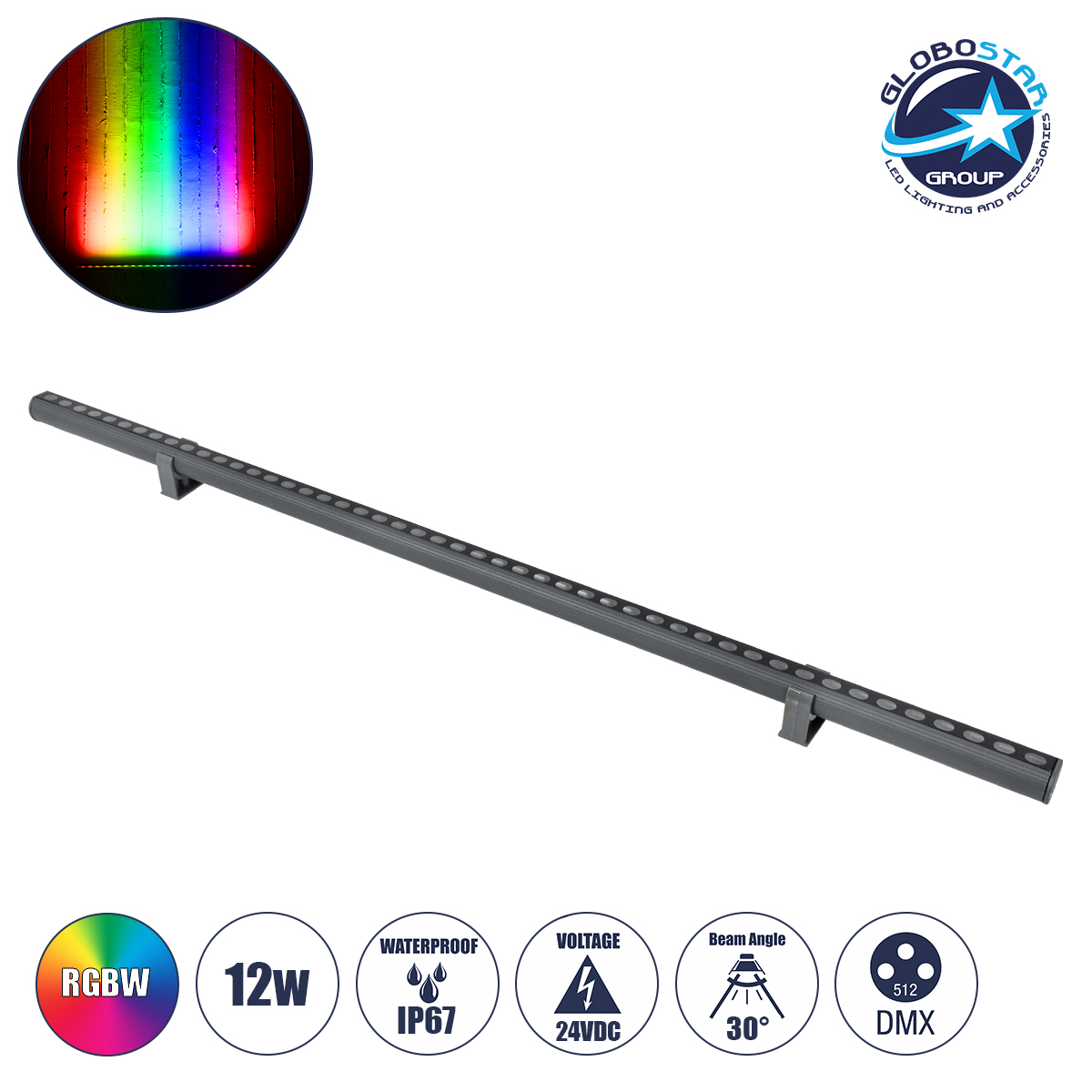 90577_1 GLOBOSTAR® WASHERSTELLAR 90577 Μπάρα Φωτισμού Wall Washer LED 12W 1020lm 30° DC 24V Αδιάβροχο IP67 Πολύχρωμο RGBW Dimmable DMX512 - Bridgelux SMD Chip - Γκρι Ανθρακί - Μ100 x Π3.2 x Υ3cm - 3 Χρόνια Εγγύηση - Image 1