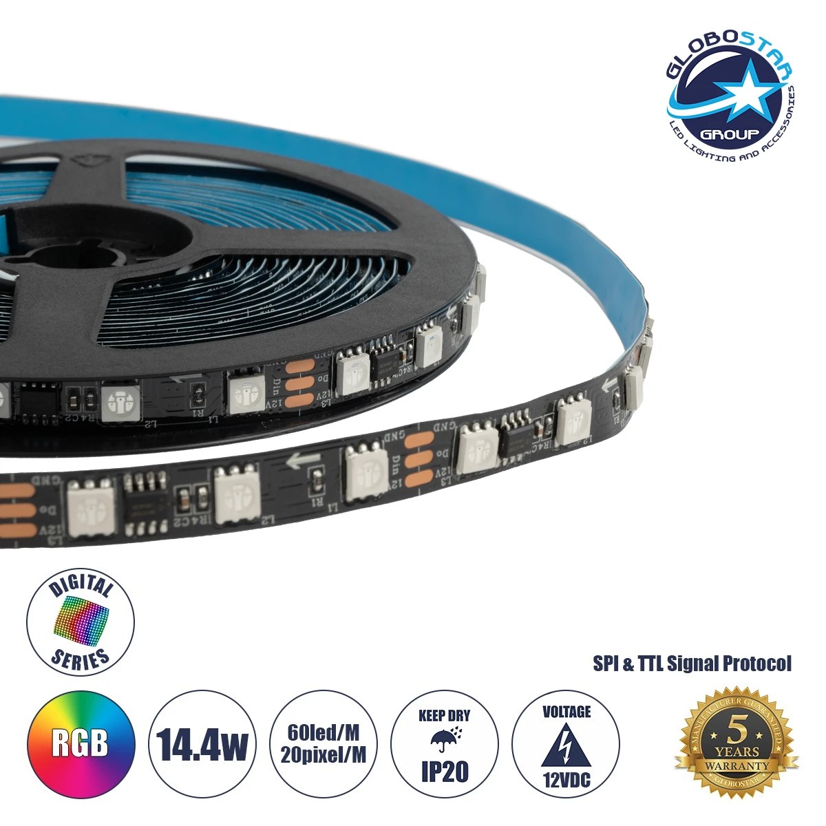 90589_1 GLOBOSTAR® DIGIPRO 90589 Ψηφιακή Pixel Addressable Ταινία LED 14.4W/m 864lm/m 120° DC 12V IP20 60 x SMD5050 Chip/m 20 x Pixel/m Πολύχρωμο RGB Dimmable SPI/TTL Protocol IC WS2811/UCS16703 - Sanan SMD Chip - Μ500 x Π1 x Υ0.2cm - Ρολό 5 Μέτρων - 5 Χρόνια Εγγύηση - Image 1