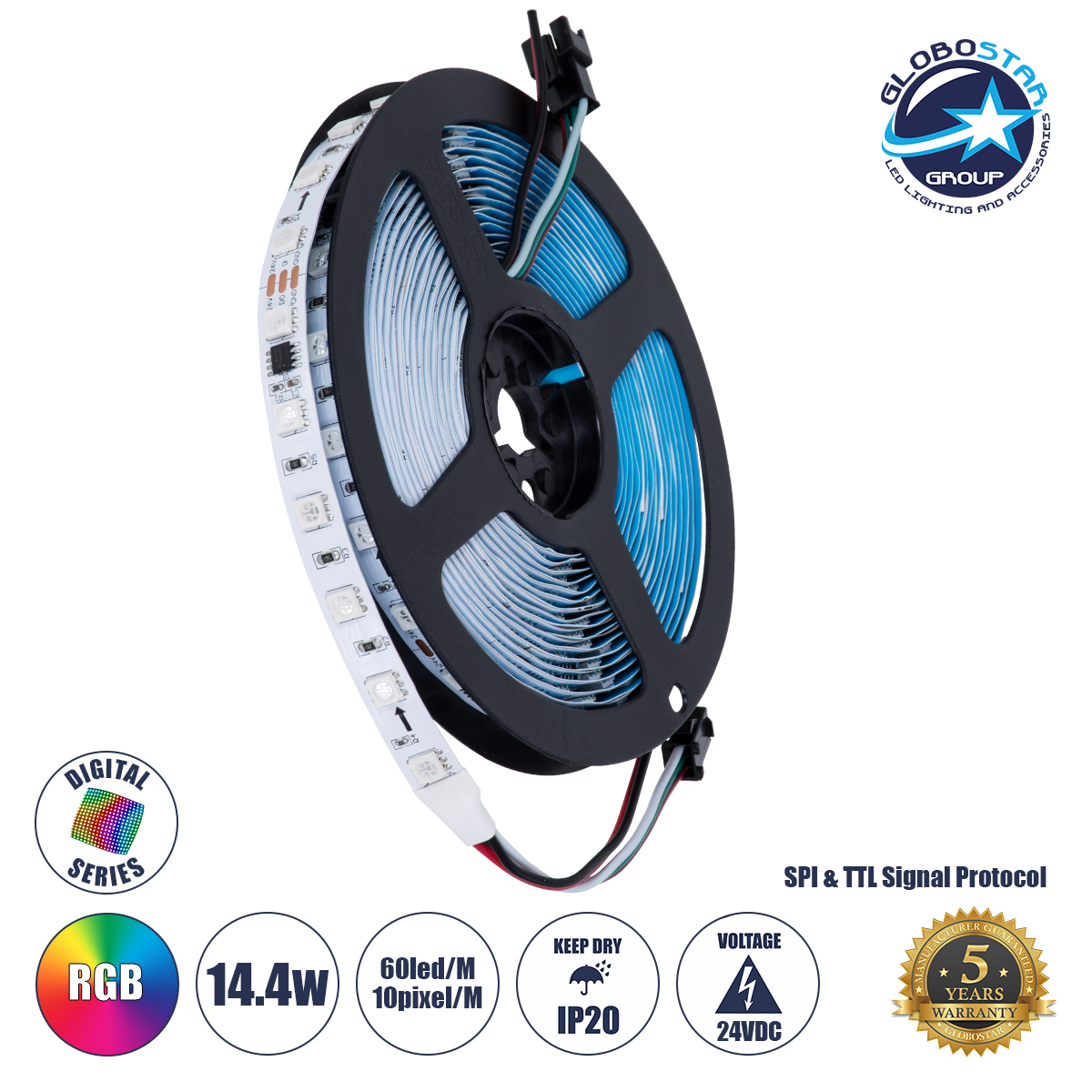 90596_1 GLOBOSTAR® DIGIPRO 90596 Ψηφιακή Pixel Addressable Ταινία LED 14.4W/m 864lm/m 120° DC 24V IP20 60 x SMD5050 Chip/m 10 x Pixel/m Πολύχρωμο RGB Dimmable SPI/TTL Protocol IC WS2811/SM16703P - Sanan SMD Chip - Μ500 x Π1 x Υ0.2cm - Ρολό 5 Μέτρων - 5 Χρόνια Εγγύηση - Image 1