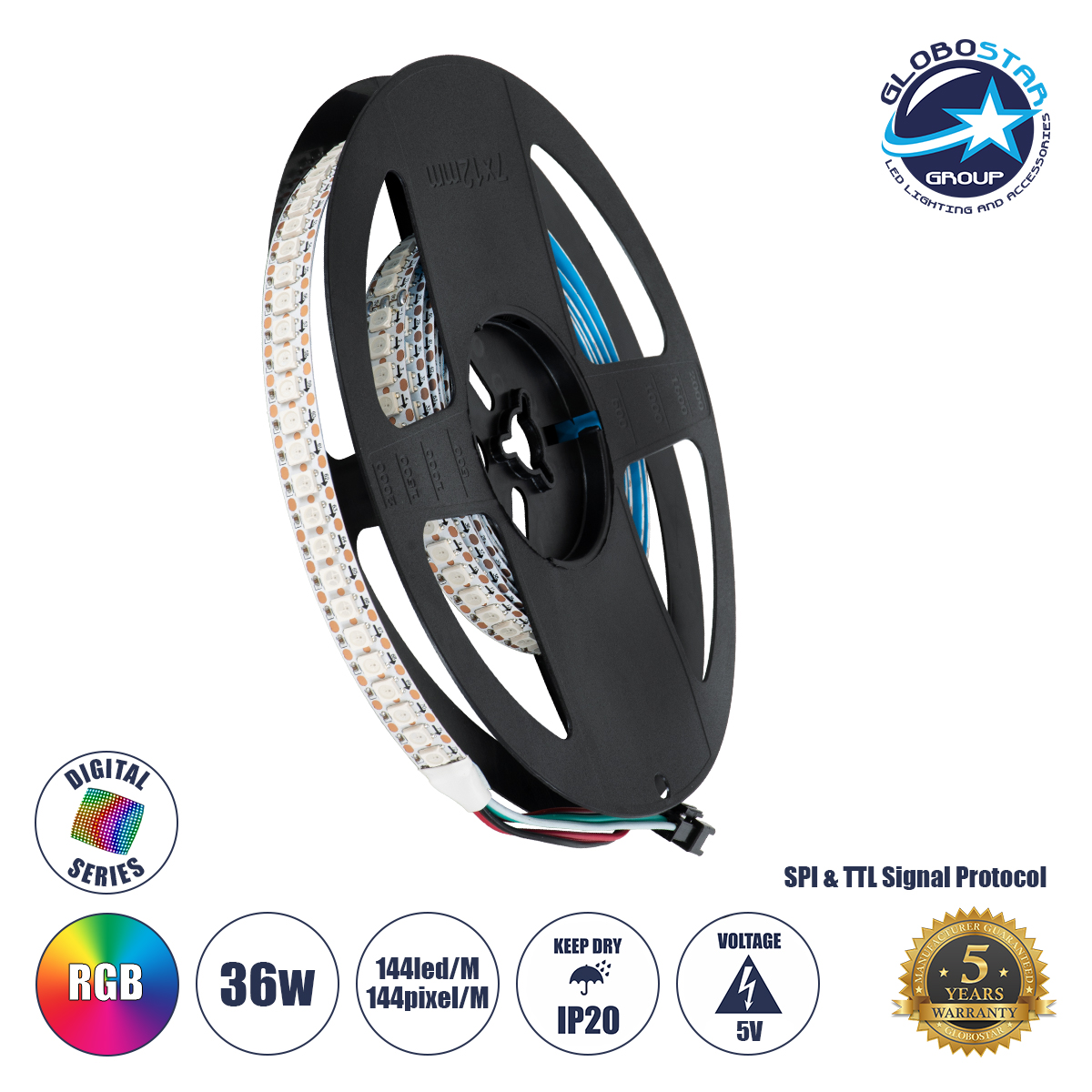 90597_1 GLOBOSTAR® DIGIPRO 90597 Ψηφιακή Pixel Addressable Ταινία LED 36W/m 2160lm/m 120° DC 5V IP20 144 x SMD5050 Chip/m 144 x Pixel/m Πολύχρωμο RGB Dimmable SPI/TTL Protocol IC WS2812/SK6812 - Sanan SMD Chip - Μ200 x Π1.2 x Υ0.2cm - Ρολό 2 Μέτρων - 5 Χρόνια Εγγύηση - Image 1
