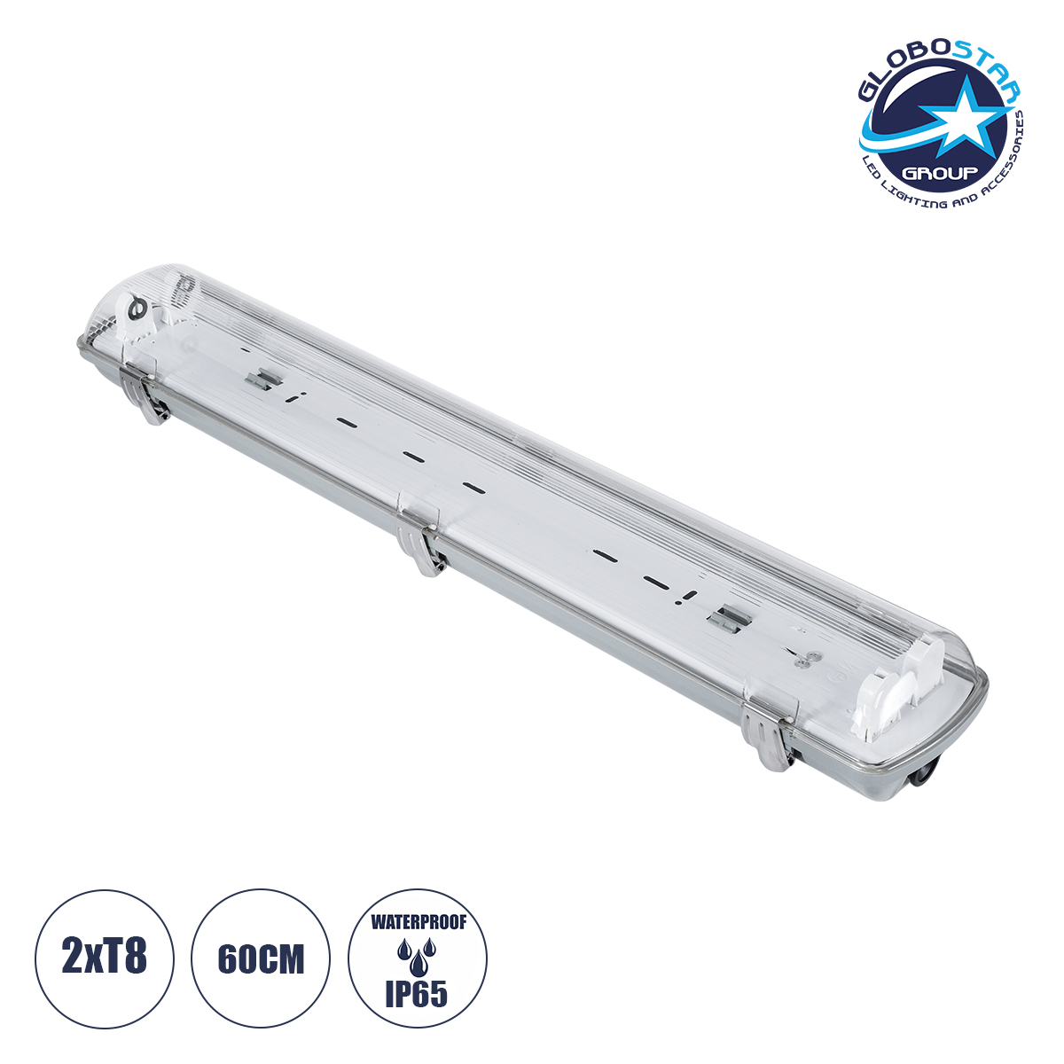 90611_1 GLOBOSTAR® VIGAS 90611 Γραμμικό Βιομηχανικό Φωτιστικό Σκαφάκι Tri-Proof με Μεταλλικά Clips για 2 x Λάμπες T8 G13 60cm Τύπου Φθορίου LED Τροφοδοσίας Ενός Άκρου 120° AC 220-240V Αδιάβροχο IP65 - Γκρι με Διάφανο Κάλυμμα Πλαστικό PC - Μ66 x Π11.5 x Υ9cm - Image 1