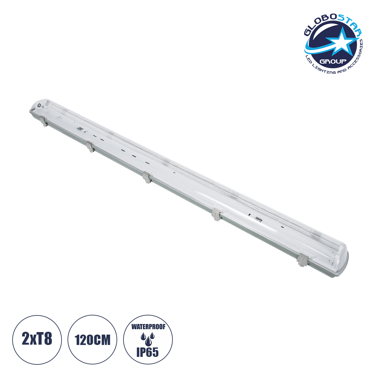 90613_1 GLOBOSTAR® VIGAS 90613 Γραμμικό Βιομηχανικό Φωτιστικό Σκαφάκι Tri-Proof με Μεταλλικά Clips για 2 x Λάμπες T8 G13 120cm Τύπου Φθορίου LED Τροφοδοσίας Ενός Άκρου 120° AC 220-240V Αδιάβροχο IP65 - Γκρι με Διάφανο Κάλυμμα Πλαστικό PC - Μ126 x Π11.5 x Υ9cm - Image 1