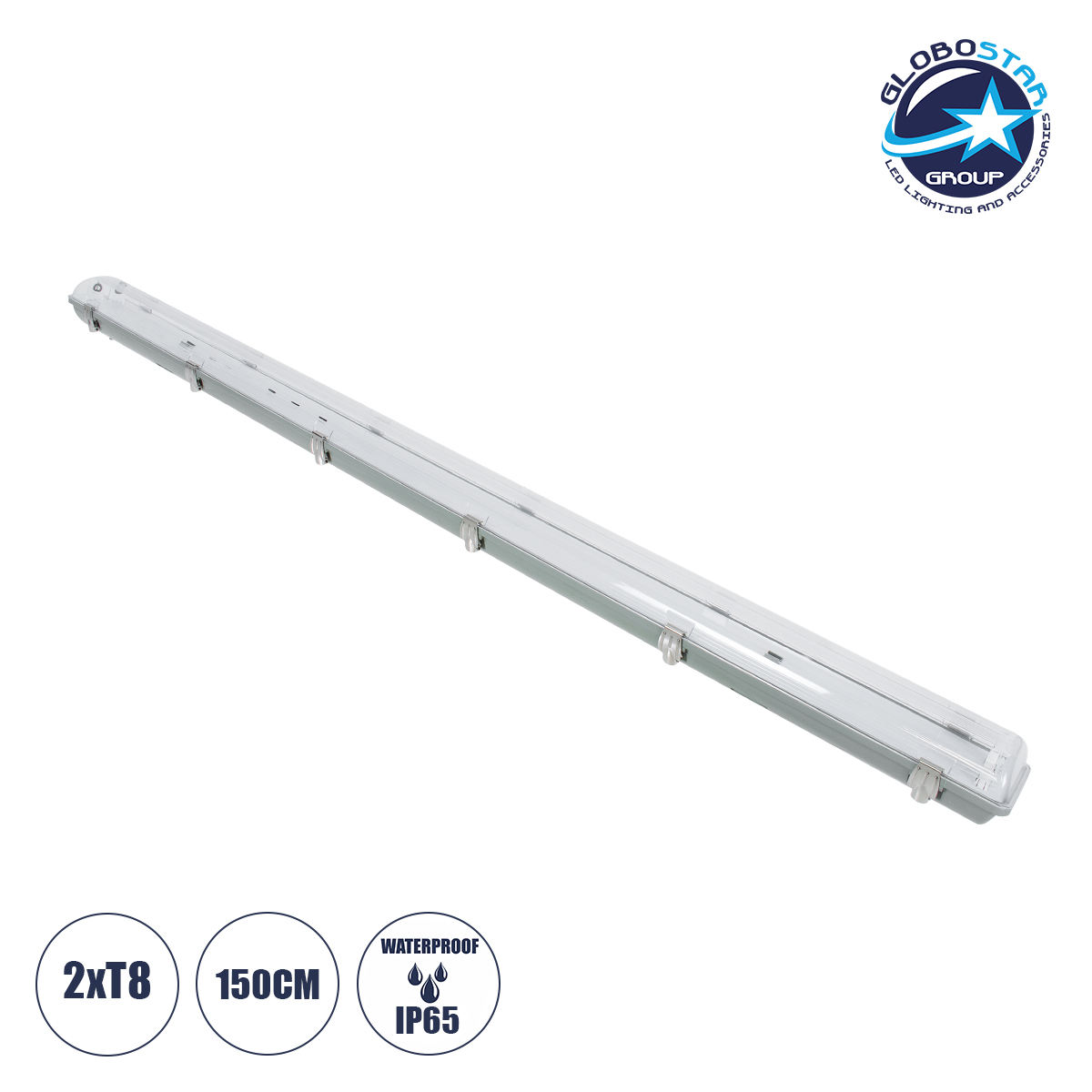 90615_1 GLOBOSTAR® VIGAS 90615 Γραμμικό Βιομηχανικό Φωτιστικό Σκαφάκι Tri-Proof με Μεταλλικά Clips για 2 x Λάμπες T8 G13 150cm Τύπου Φθορίου LED Τροφοδοσίας Ενός Άκρου 120° AC 220-240V Αδιάβροχο IP65 - Γκρι με Διάφανο Κάλυμμα Πλαστικό PC - Μ156 x Π12 x Υ9cm - Image 1