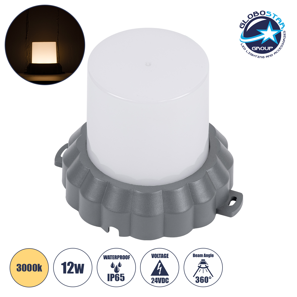90629_1 GLOBOSTAR® WALLLIGHT-MONA 90629 Μοντέρνο Φωτιστικό Τοίχου - Απλίκα LED 12W 1320lm 360° DC 24V Αδιάβροχο IP65 Θερμό Λευκό 2700K - CREE COB Chip & TÜV SÜD Driver - Γκρι Ανθρακί Ματ - Μ13 x Π13 x Υ12.5cm - 3 Χρόνια Εγγύηση - Image 1