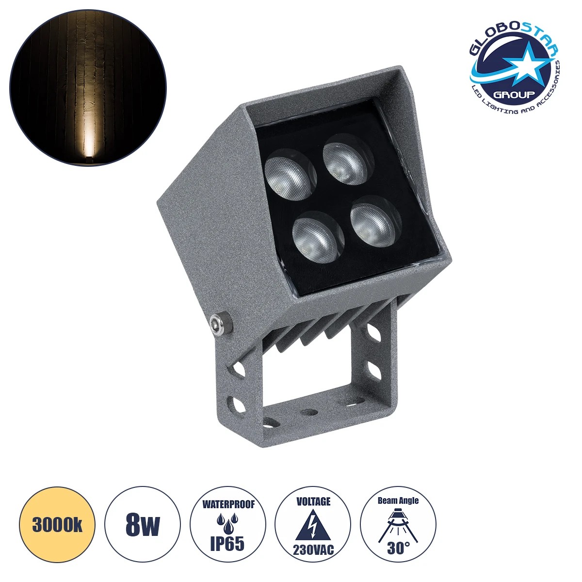 90635_01 GloboStar® SPOT-JENA 90635 Σποτ Φωτισμου Wall Washer LED 8W 880lm 30° AC 220-240V Αδιάβροχο IP65 Μ8.5 x Π7.3 x Υ9.5cm Θερμό Λευκό 3000K - Γκρι Ανθρακί - 3 Years Warranty - Image 1