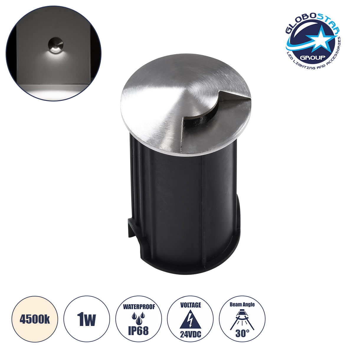 90661_11 GLOBOSTAR® UNDERGROUNDRENA 90661 Χωνευτό Αρχιτεκτονικο Φωτιστικό Σποτ Δαπέδου LED 1W 115lm 30° DC 24V Αδιάβροχο IP68 Φυσικό Λευκό 4500K Dimmable - Bridgelux SMD Chip - Ανοξείδωτο Ατσάλι SS304 / Μ5 x Π5 x Υ9cm / Q4.2cm - 3 Χρόνια Εγγύηση - Image 1