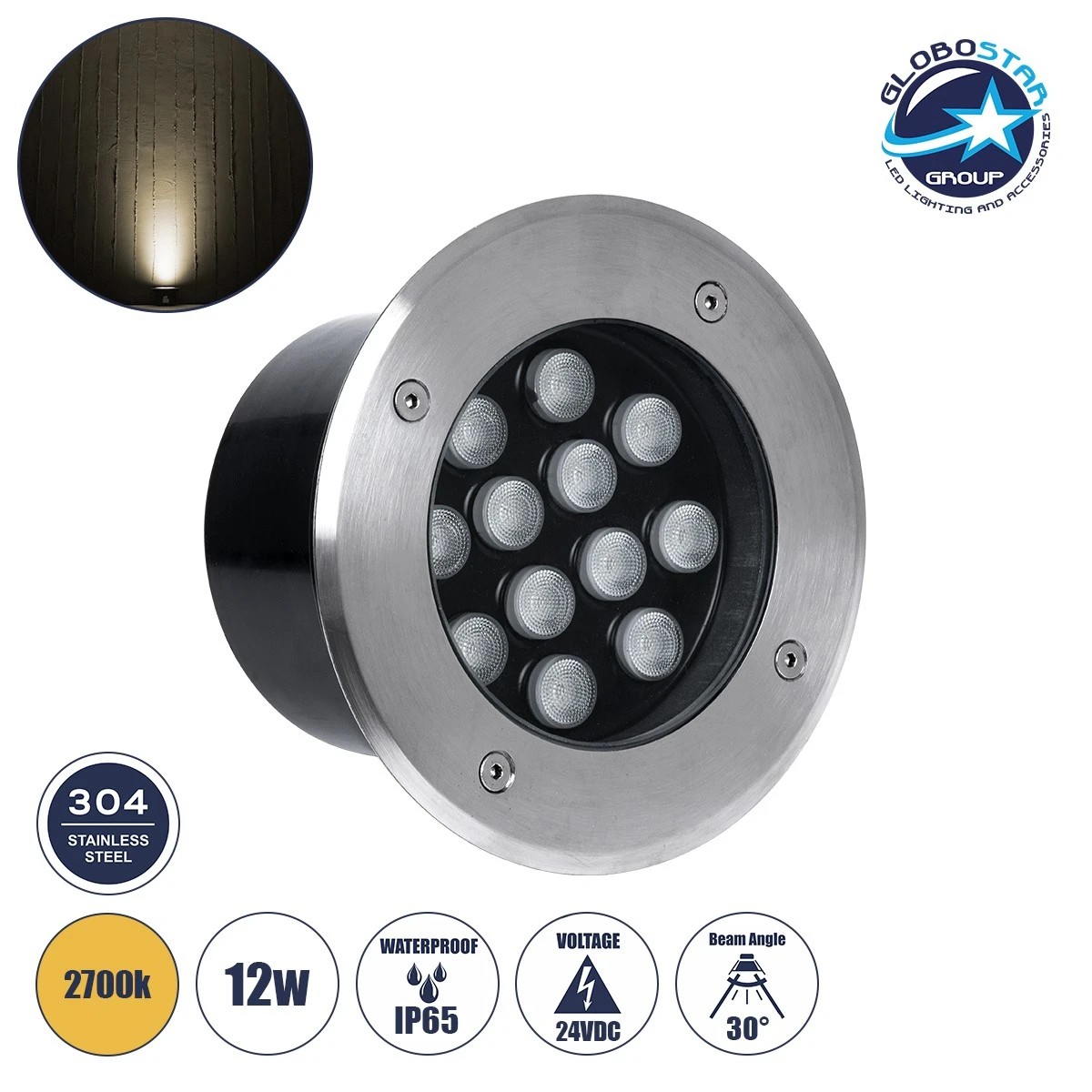 90667_001 GLOBOSTAR® UNDERGROUNDTINA 90667 Χωνευτό Αρχιτεκτονικο Φωτιστικό Σποτ Δαπέδου LED 12W 1320lm 30° DC 24V Αδιάβροχο IP68 Θερμό Λευκό 2700K Dimmable - Bridgelux SMD Chip - Ανοξείδωτο Ατσάλι SS304 - Μ16 x Π16 x Υ9cm / Q14cm - 3 Χρόνια Εγγύηση - Image 1
