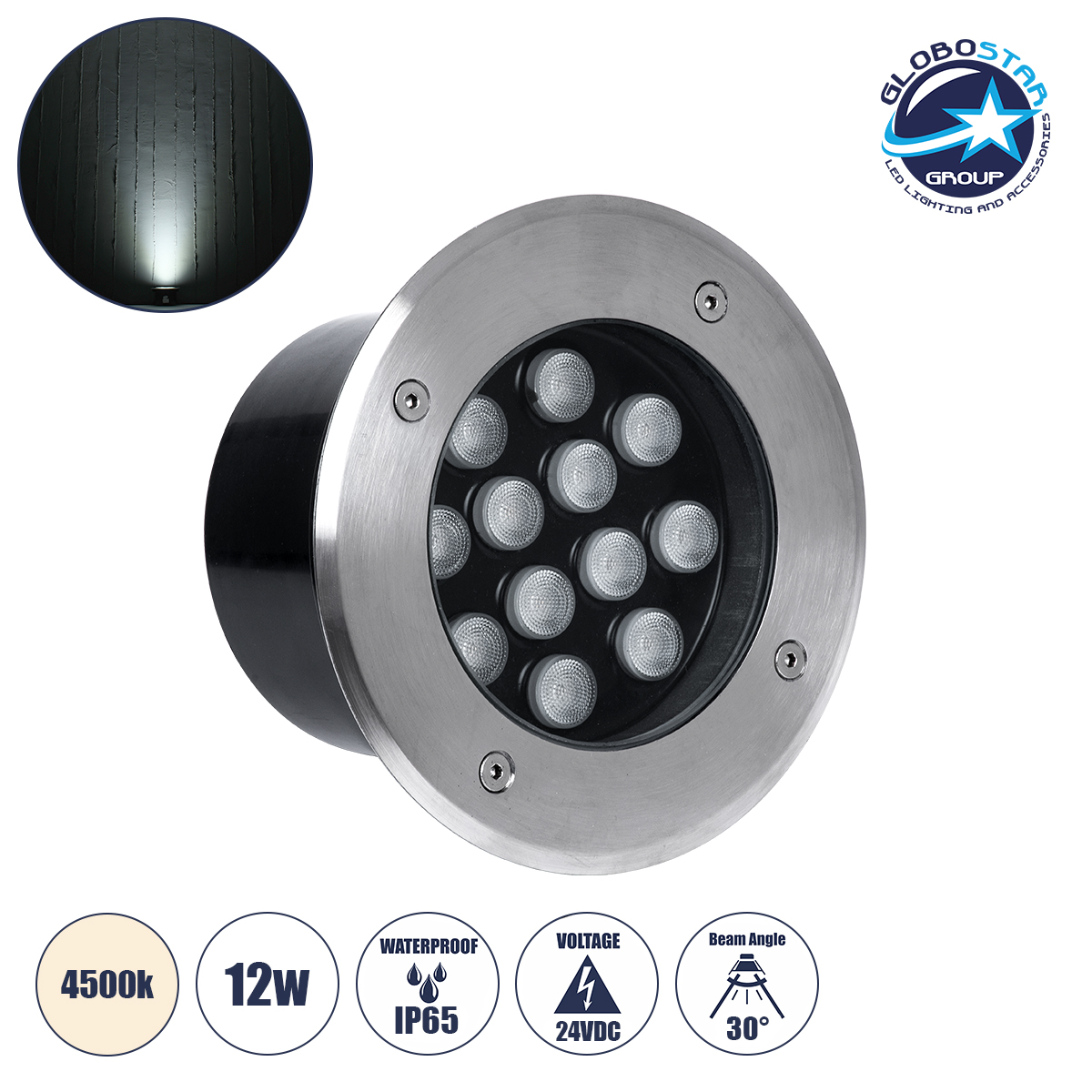 90668_01 GLOBOSTAR® UNDERGROUNDTINA 90668 Χωνευτό Αρχιτεκτονικο Φωτιστικό Σποτ Δαπέδου LED 12W 1380lm 30° DC 24V Αδιάβροχο IP65 Φυσικό Λευκό 4500K Dimmable - Bridgelux SMD Chip - Ανοξείδωτο Ατσάλι SS304 - Μ16 x Π16 x Υ9cm / Q14cm - 3 Χρόνια Εγγύηση - Image 1