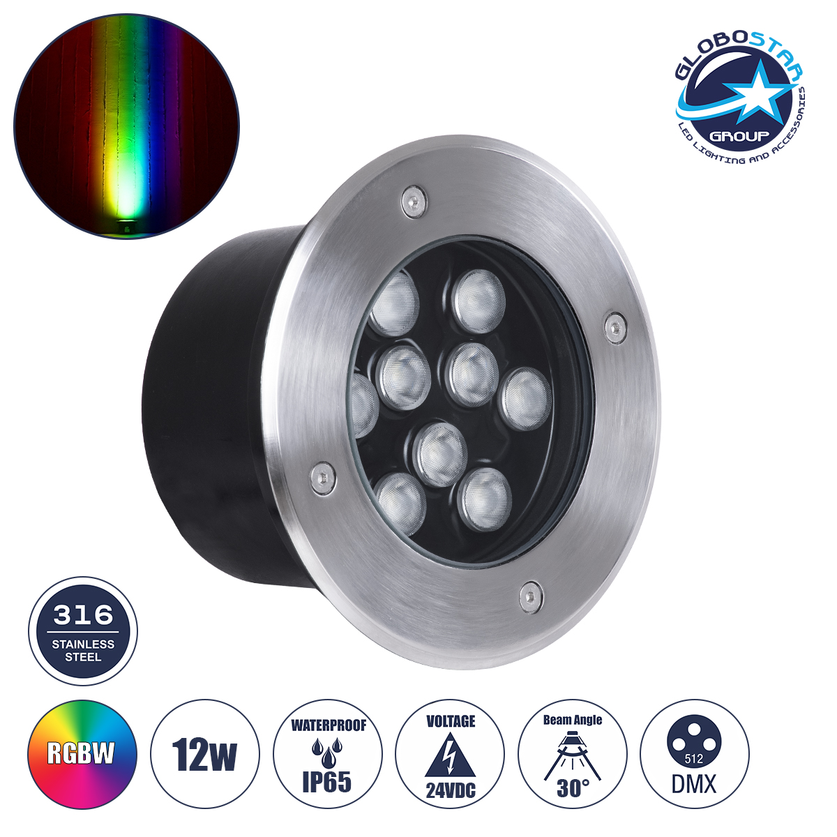 90669_1 GLOBOSTAR® UNDERGROUNDTINA 90669 Χωνευτό Αρχιτεκτονικο Φωτιστικό Σποτ Δαπέδου LED 12W 1020lm 30° DC 24V Αδιάβροχο IP65 RGBW DMX512 Dimmable - Bridgelux SMD Chip - Ανοξείδωτο Ατσάλι SS304 - Μ16 x Π16 x Υ9cm / Q14cm - 3 Χρόνια Εγγύηση - Image 1