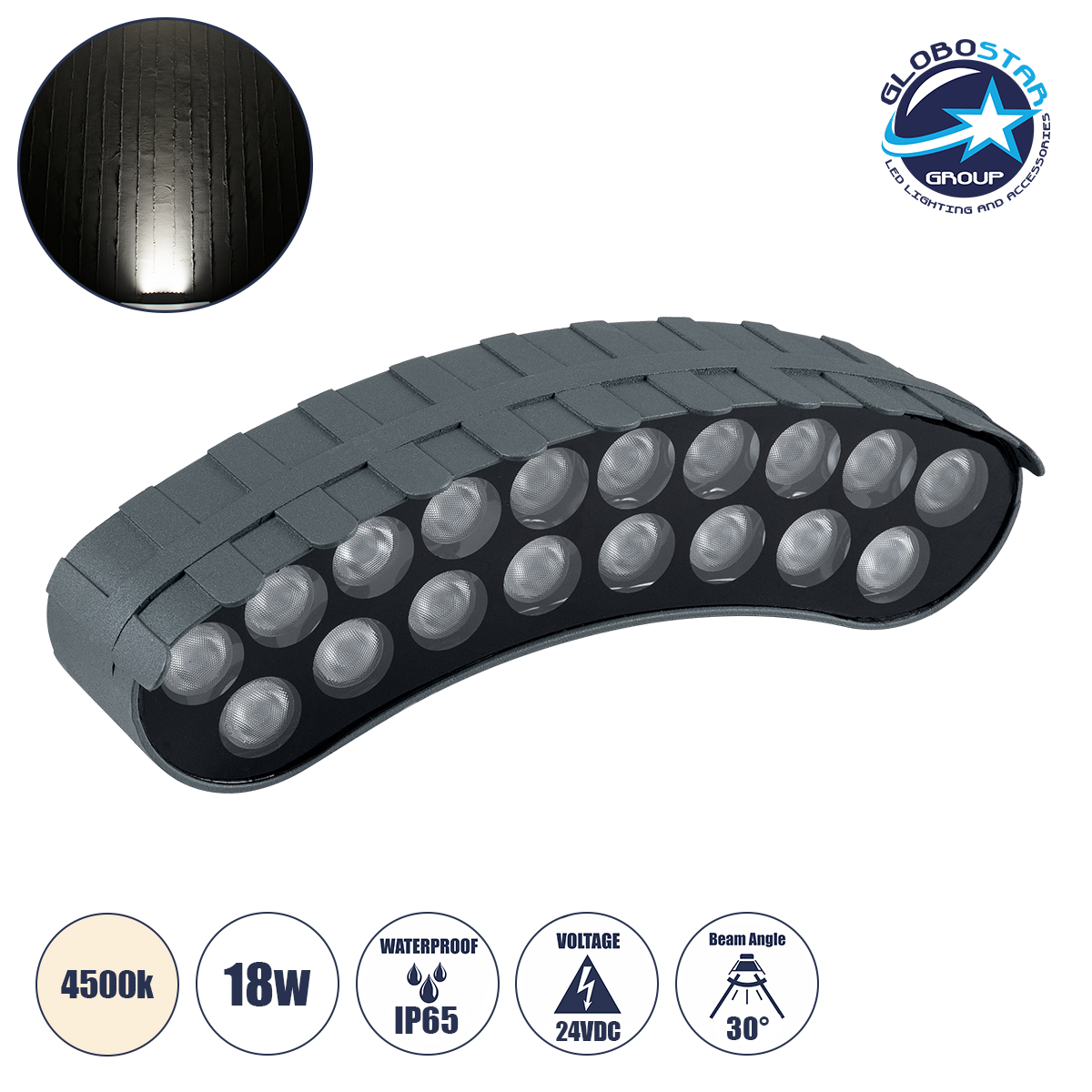 90685_1 GloboStar® TREELIGHT-KINA 90685 Κυρτή Μπάρα Φωτισμού Wall Washer με Αντιθαμβωτική Γρίλια Ειδική για Φυτά - Δέντρα LED 18W 1710lm 30° DC 24V Αδιάβροχο IP65 Μ25 x Π6.5 x Υ6cm Φυσικό Λευκό 4500K - Γκρι Ανθρακί - 3 Years Warranty - Image 1