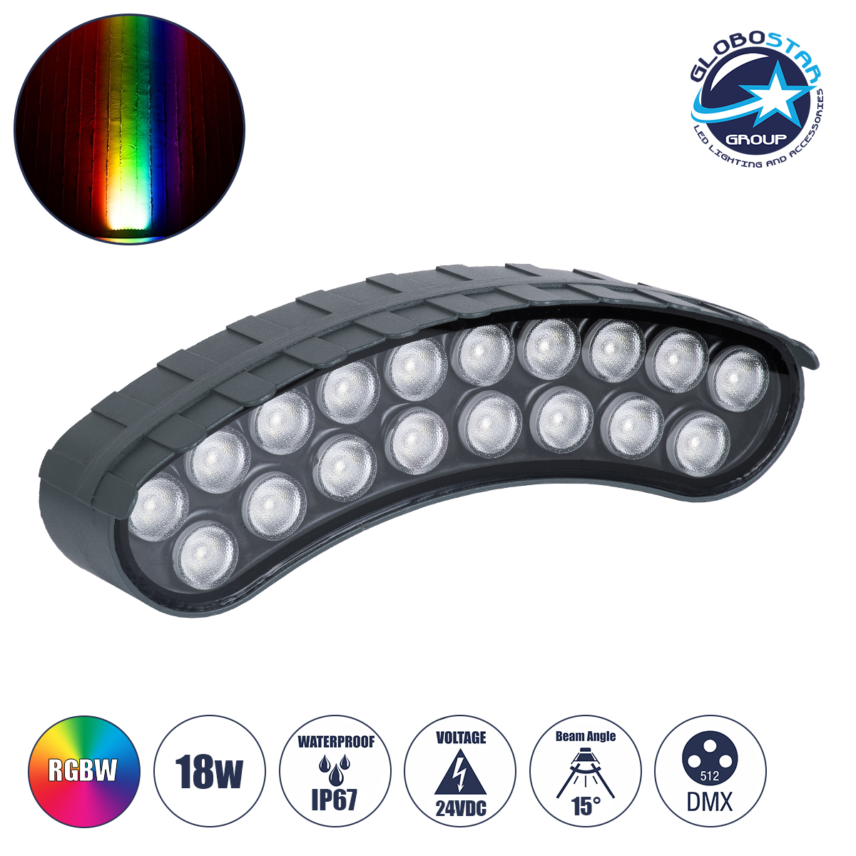 90686_01 GloboStar® TREELIGHT-KINA 90686 Κυρτή Μπάρα Φωτισμού Wall Washer με Αντιθαμβωτική Γρίλια Ειδική για Φυτά - Δέντρα LED 18W 1530lm 15° DC 24V Αδιάβροχο IP67 L24.5 x W7 x H8cm RGBW DMX512 - Γκρι Ανθρακί - 3 Years Warranty - Image 1