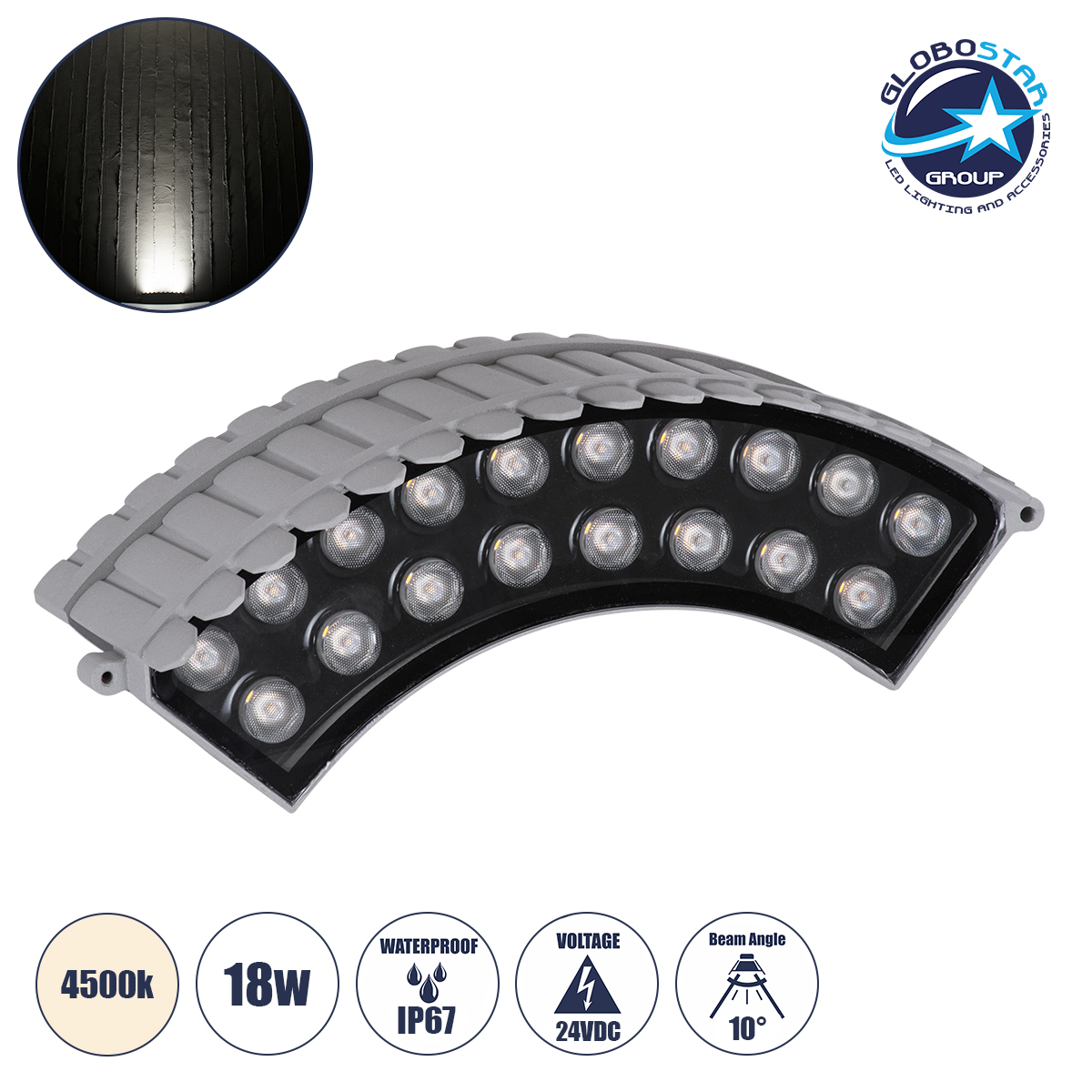 90691_1 GLOBOSTAR® TREEJINA 90691 Κυρτή Μπάρα Φωτισμού Wall Washer για Φυτά - Δέντρα LED 18W 1710lm 10° DC 24V Αδιάβροχο IP67 Φυσικό Λευκό 4500K Dimmable - Bridgelux SMD Chip - Γκρι - Μ29 x Π11 x Υ10.5cm - 3 Χρόνια Εγγύηση - Image 1